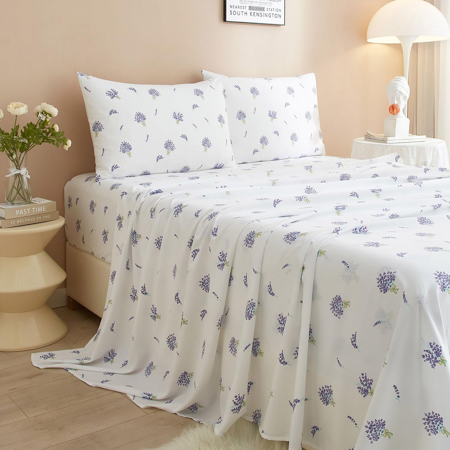 AMWAN Floral California King Size Sheets Set White 4 Piece，Extra Deep Pocket Sheets - Soft Flat Sheet - Cooling Bed Sheets Purple Floral Super Soft with Fitted Sheet,2 Pillowcases Set