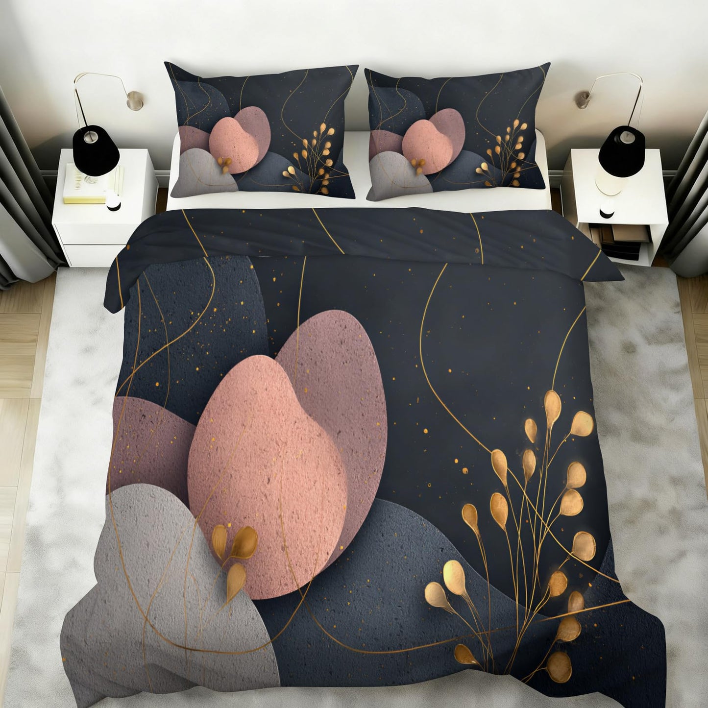 ZAOMIR Mid Century Modern Abstract Duvet Cover Queen Size, Dark Gray Black Rose Pink Geometric Bedding Set 3 Piece, Abstract Geometric Botanical Patterned Comforter Cover with Zipper, 2 Pillowcases