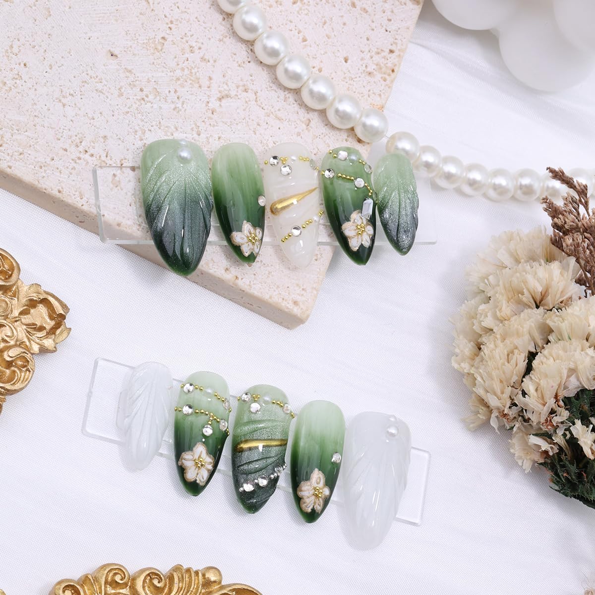 10Pcs Handmade Press on Nails Medium Almond Fake Nails Gold Flower with Rhinestones Full Cover Glue on Nails Spring False Nails Gradient Dark Green Press ons Stick on Nails for Women Acrylic Manicure