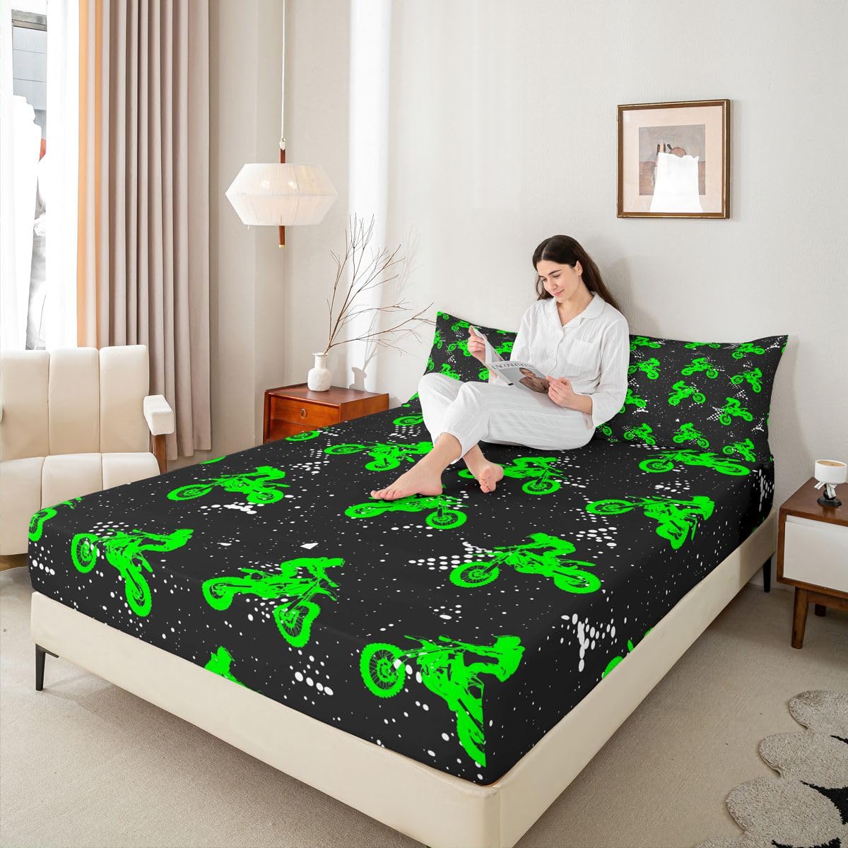 Feelyou Boys Dirt Bike Bedding Sheets Cool Sports Bed Sheet Set for Kids Boys Motocross Rider Bedding Fitted Sheet Fluorescent Green Bike Bed Cover 1 Bed Sheet Set with 2 Pillowcases Full Size