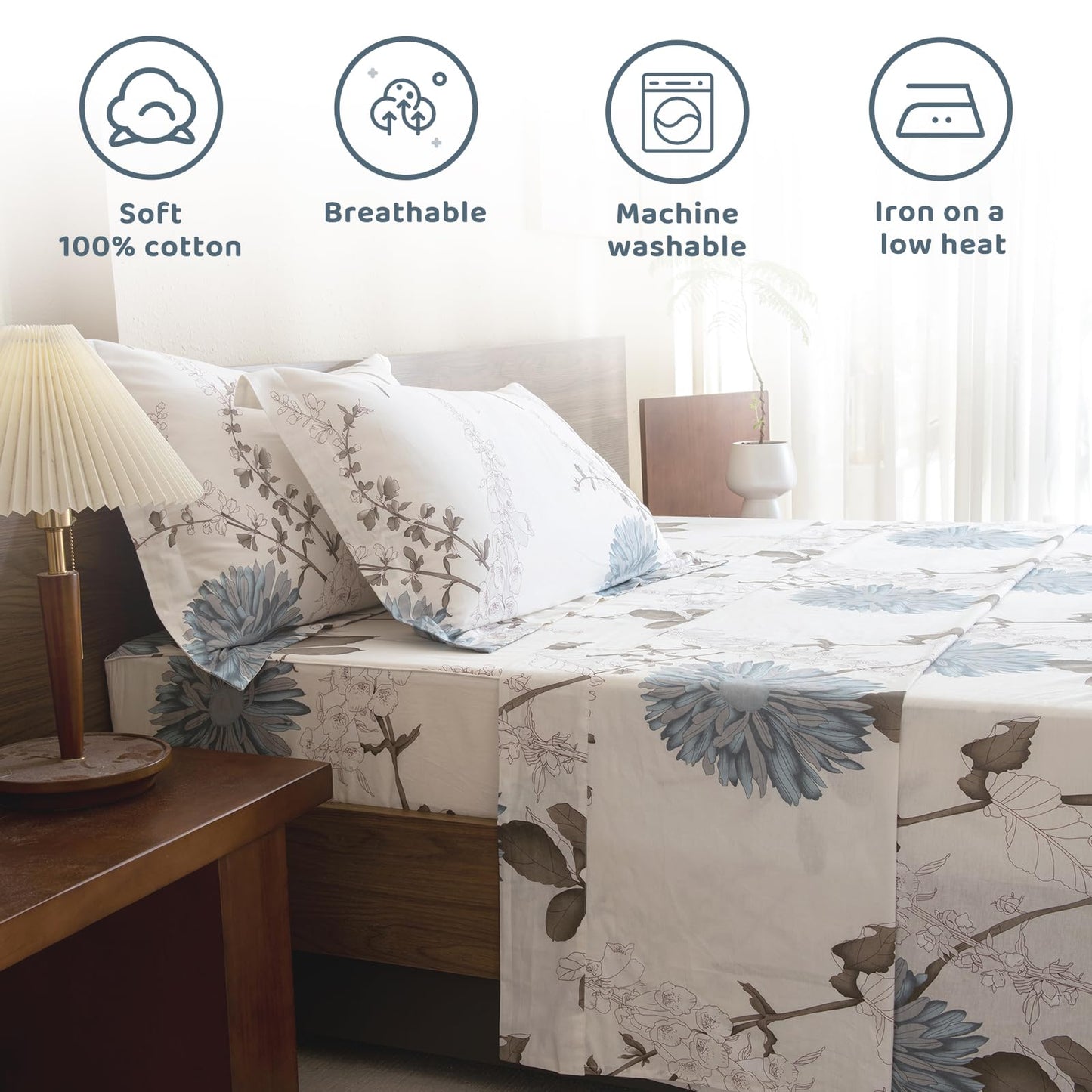 QSH 100% Cotton Sheets for Queen Size Bed, White Floral Plant Pattern Botanical Luxury Cotton Printed Floral Bedding Sheets Queen Soft and Breathable 4pcs Deep Pocket Queen Sheet Set