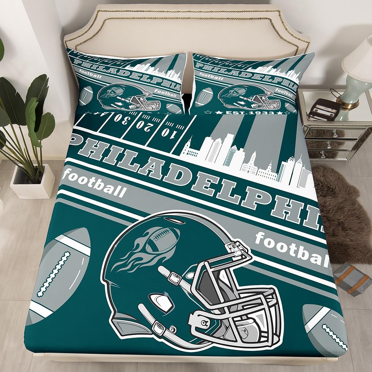 Feelyou Football Bed Sheets Set Twin Size Boys Women Men Rugby Sports Bedding Set Football City Fitted Sheet with 16 Inch Deep Pockets