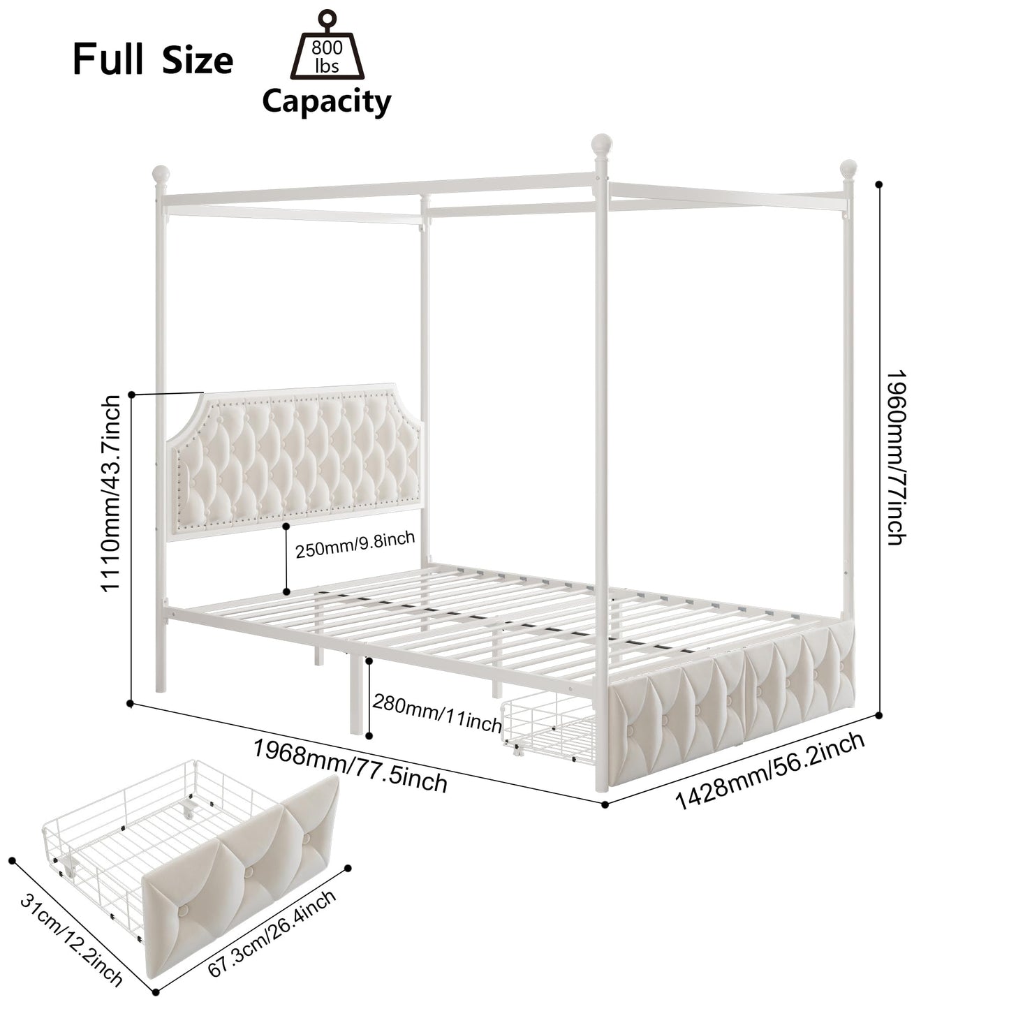 Keyluv Full Upholstered Canopy Bed Frame with 2 Storage Drawers & Button Tufted Headboard, Metal Platform Bed with 4 Removable Posts, Two-Purpose Velvet Bed, Beige/Curtain Not Included