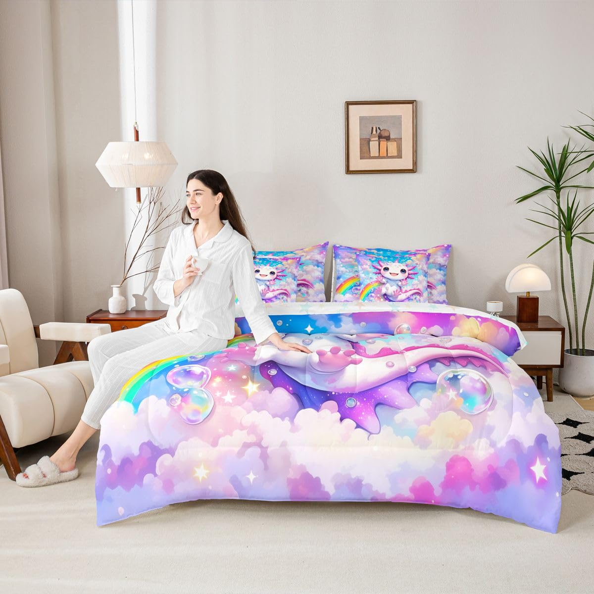 Girls Cute Axolotl Queen Bedding Set Kids Cartoon Axolotl Comforter Set with Flat and Fitted Sheet for Preteen Teens Galaxy Cloud Blue Sky 7-Piece Bed in a Bag Princess Dreamy Rainbow Quilt Sets