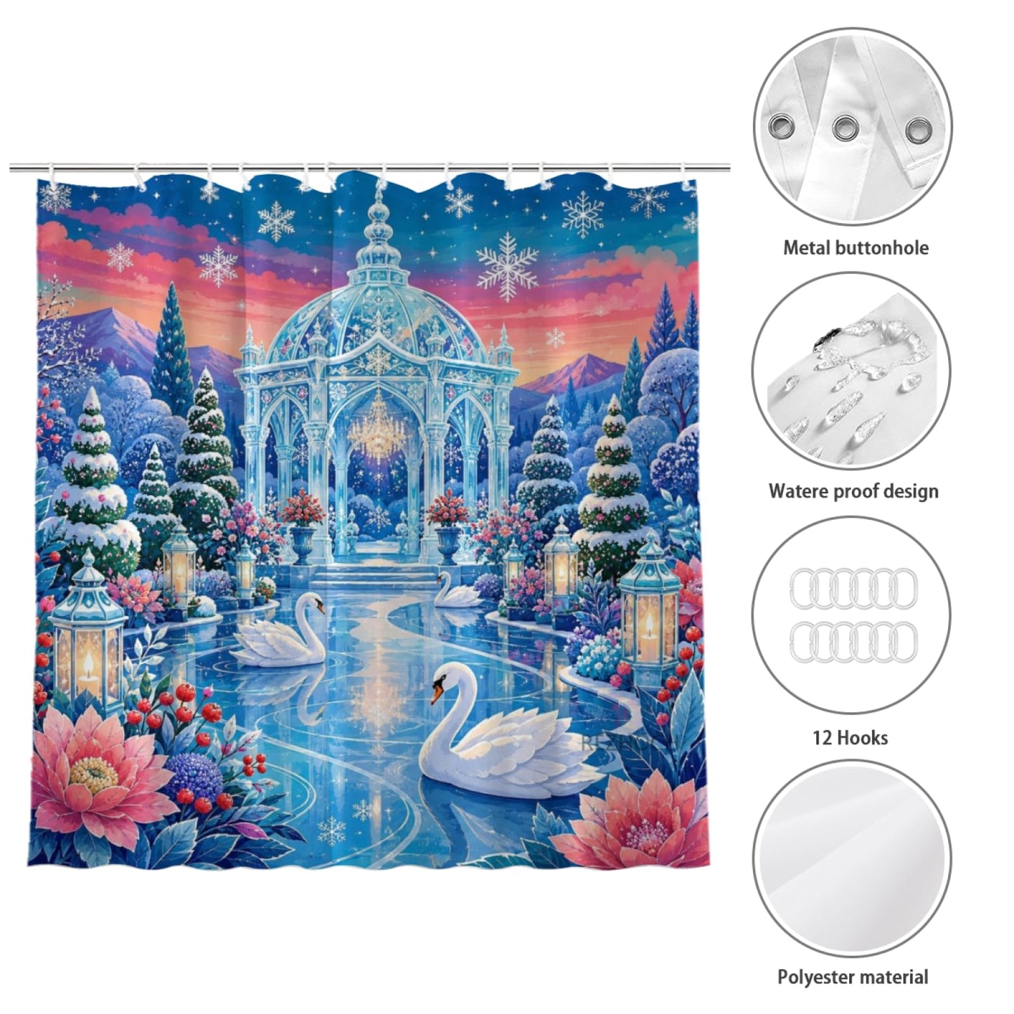 REZHOCH Frozen Swan Palace Shower Curtain 72x72 Inch,Ice Pavilion with White Swans Snowy Garden Lanterns Winter Fantasy Bathroom Decor,Bath Set with Hooks