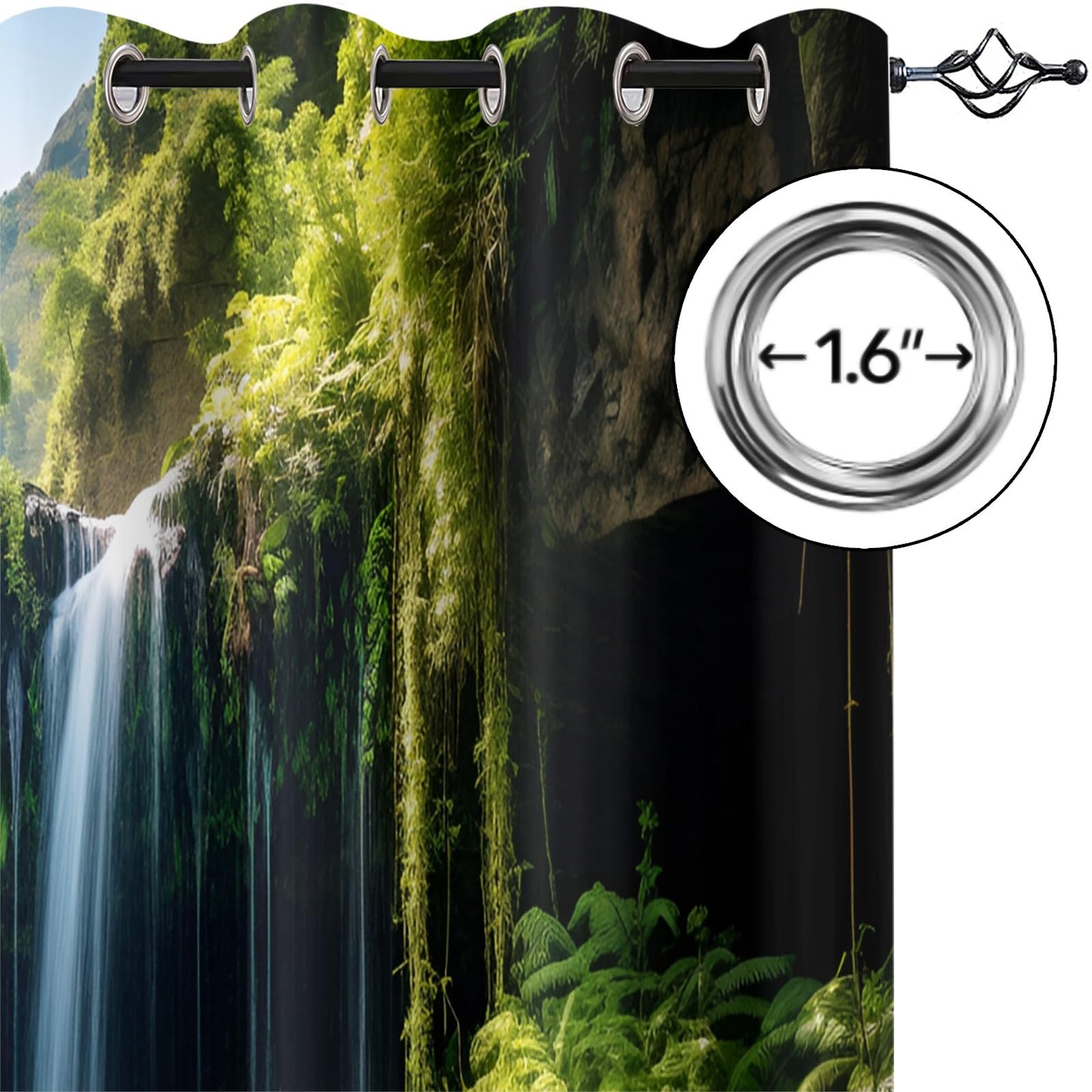JAXIUOF Green Forest Curtains for Living Room 63 Inch Long 2 Panels, 3D Waterfall Blackout Curtains, Tropical Jungle Window Treatments for Living Room Bedroom Dining Room Office