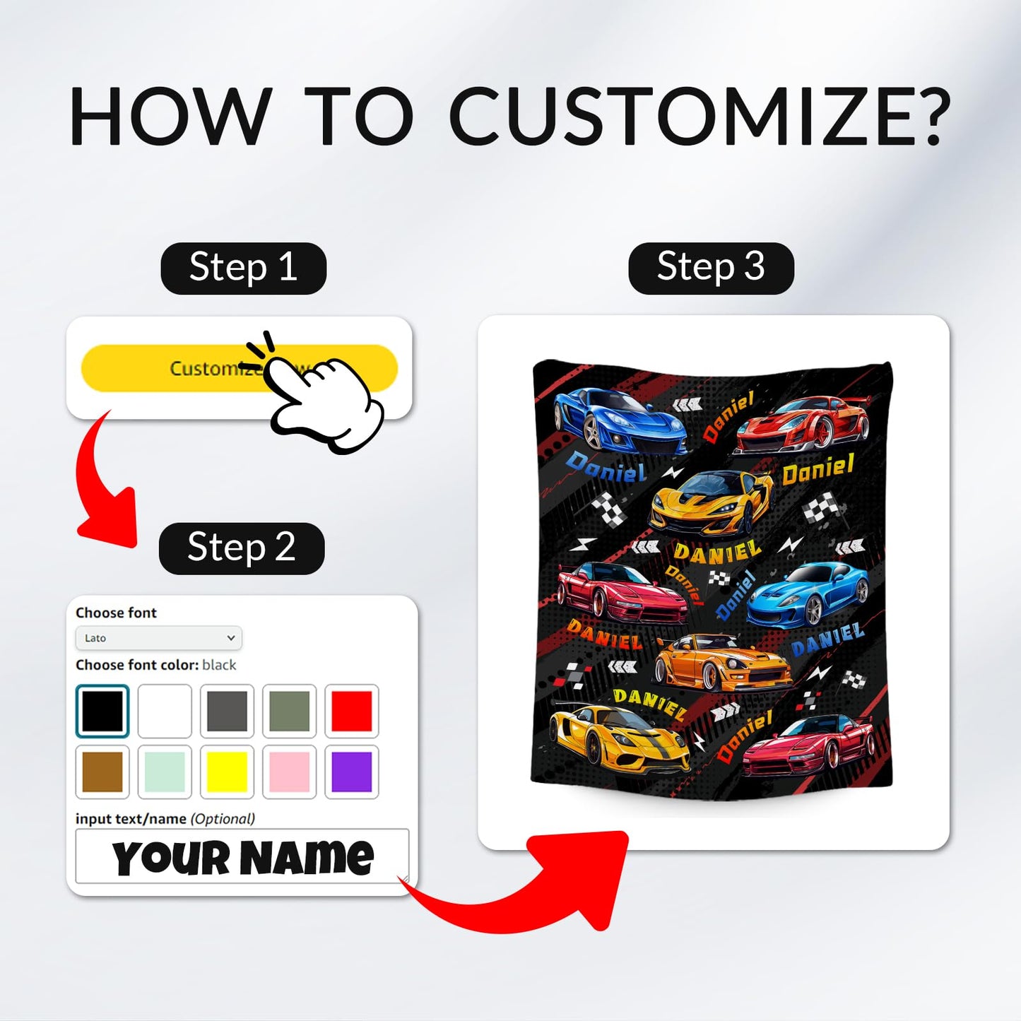AIOMXZZ Kids Blanket for Boys, Personalized Racing Car Blankets Gifts for Toddler Teens, Custom Car Themed Flannel Throws with Name, 4 Size