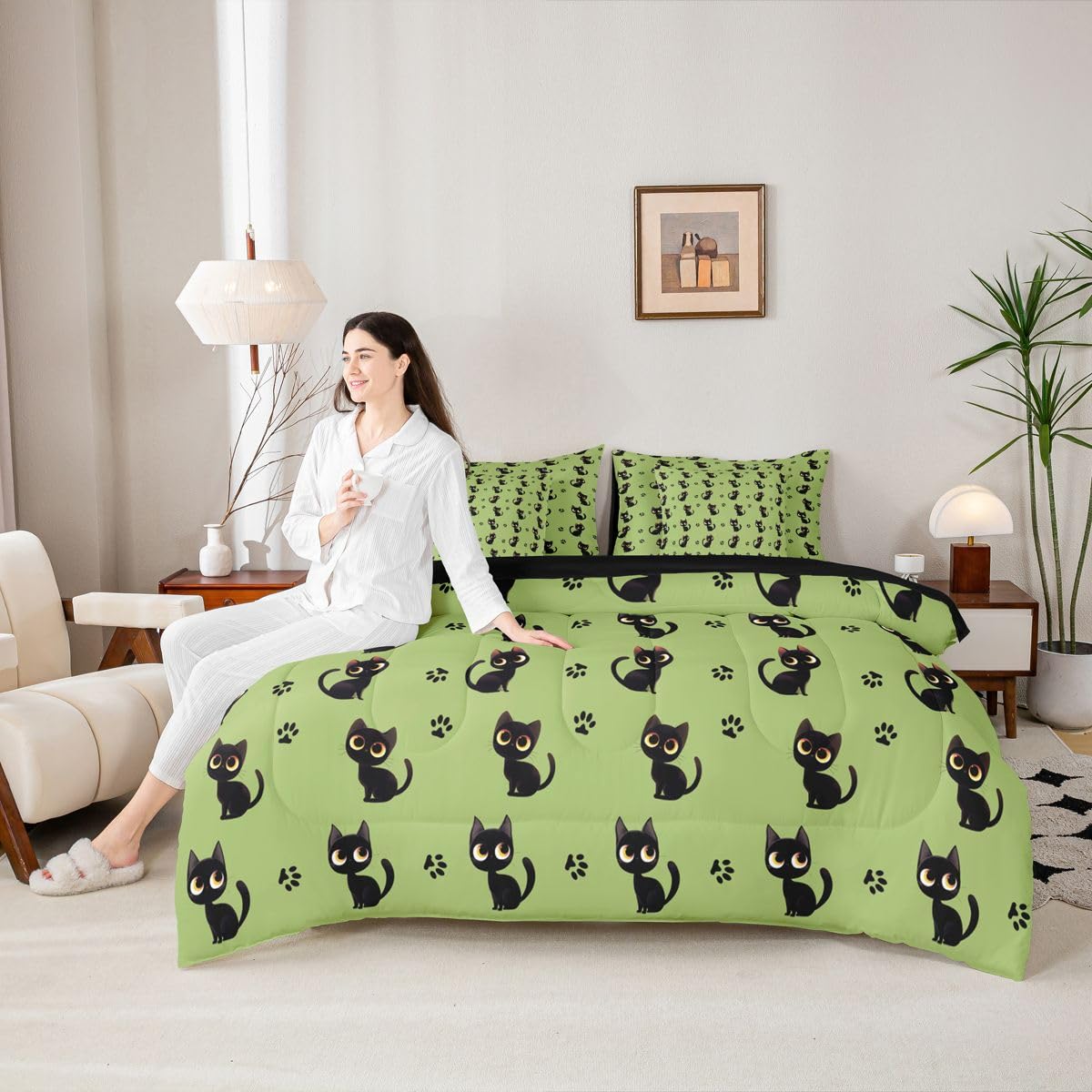 Cute Black Cat 7-Piece Bedding Set Full Size for Kids Boys Girls (Green Black) - Funny Cute Kitten Bed in a Bag Cartoon Black Cats Comforter Set with Sheets Kawaii Cat Paw Print Duvet Insert