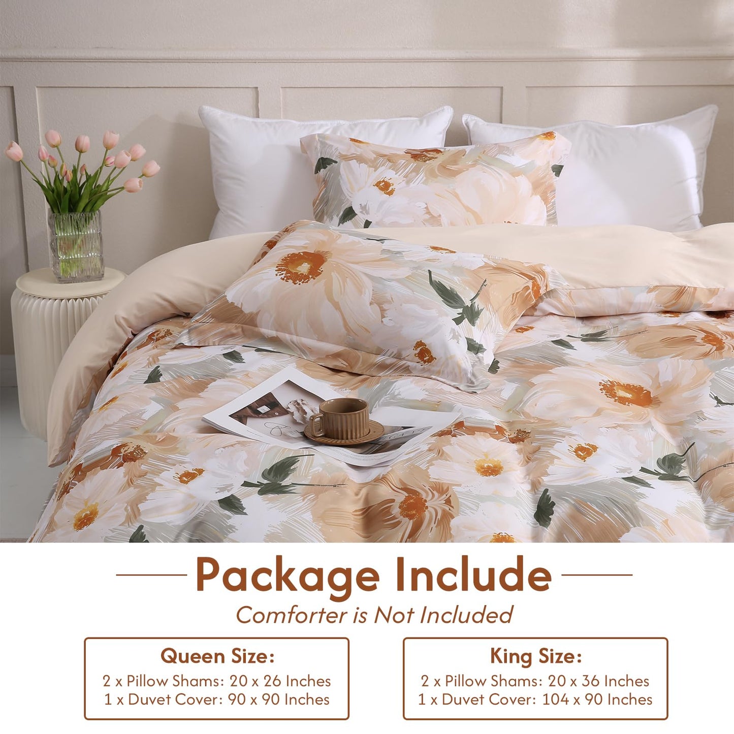 LONAVA Queen Flower 3 Pcs Duvet Cover Set, Breathable Soft Microfiber Biege Lining Comforter Cover with Zipper Closure, and 2 Anti-Pilling, Fade Resistant Pillowcases, Golden Flower