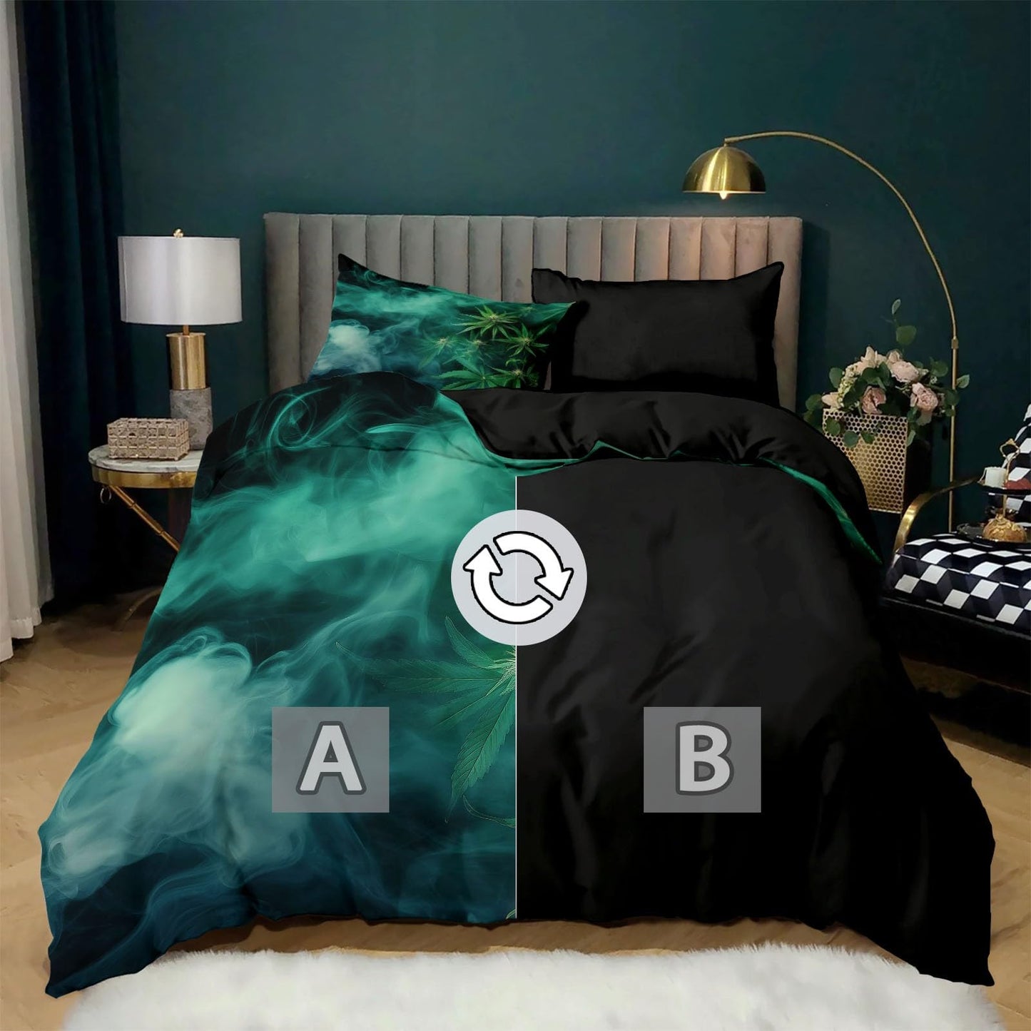 Duvet Cover Twin Size, Reversible King Duvet Cover Set with Pillowcases Zipper Closure, Plant Marijuana Leaf Texture Microfiber Bedding Set with 4 Ties, Black