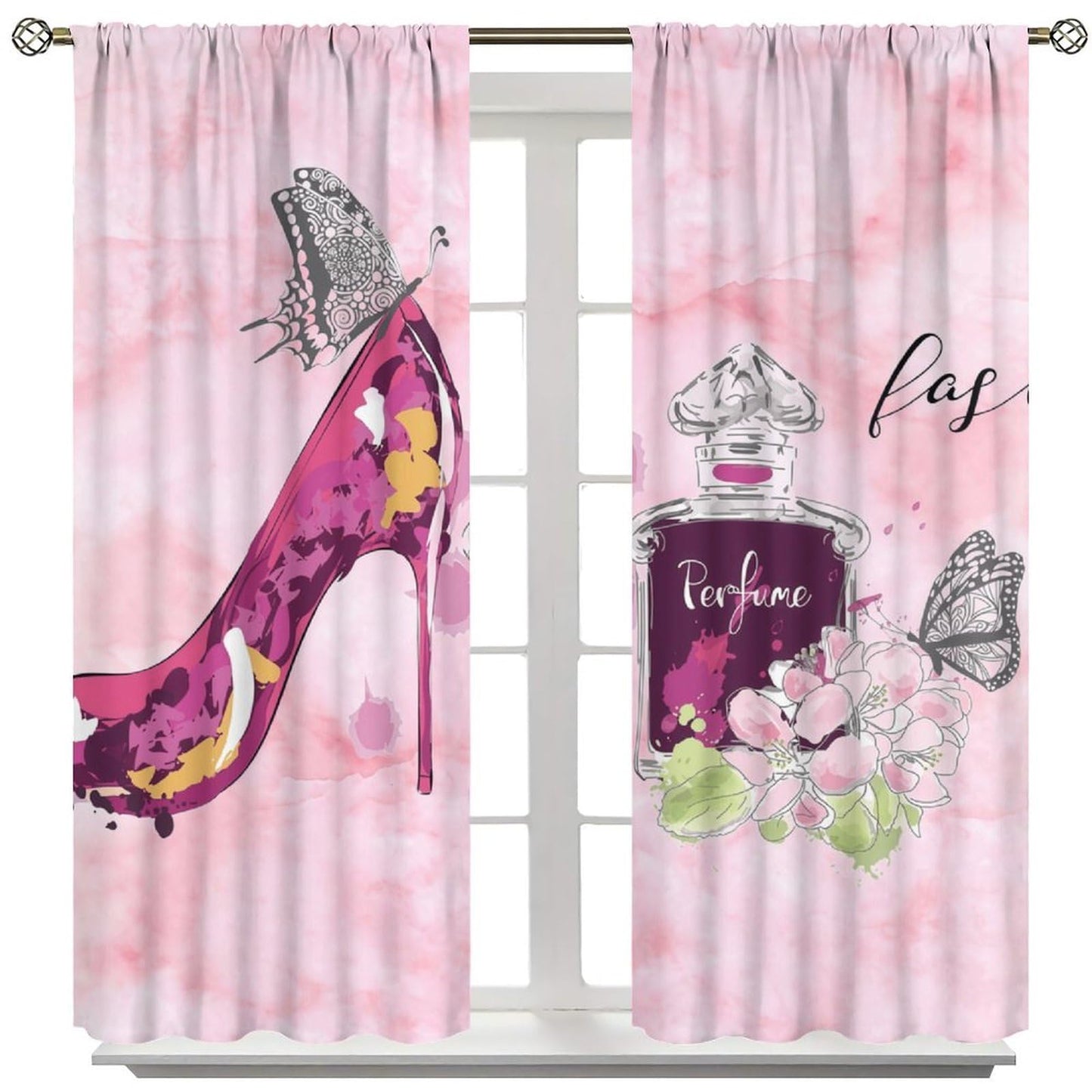 Pink Modern Fashion Curtains For Woman Gorgeous Red High Heel Shoes Perfume Flower Butterfly Rod Pocket Window Drapes For Teenage Girls Bedroom Living Room Bathroom 2 Panels 41x45 ln（No Blackout）