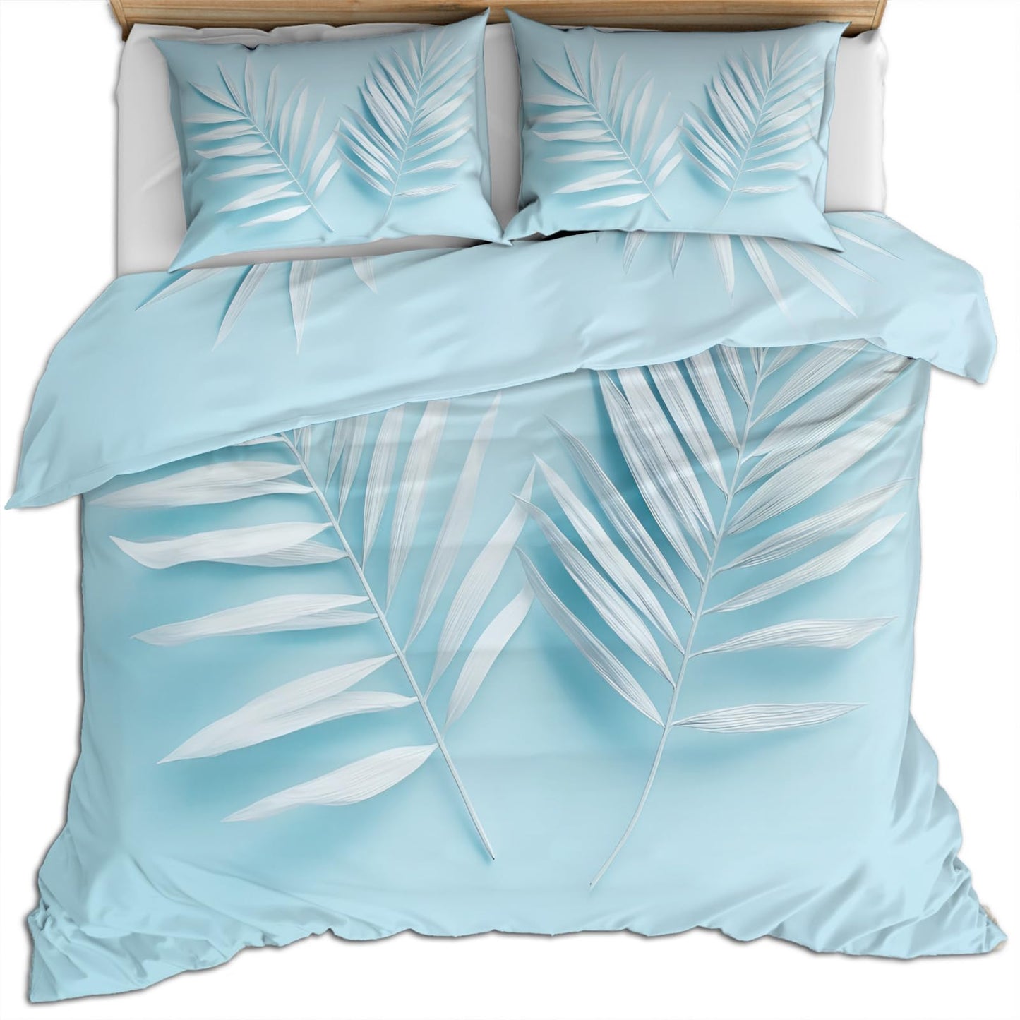PAISUOQ Tropical Bedding Sets Full Brown Leaves Comforter Cover with Zipper Ties, Simple Blue Duvet Cover with 2 Pillowcases, 3 Pieces，Bedroom Decor & Gifts