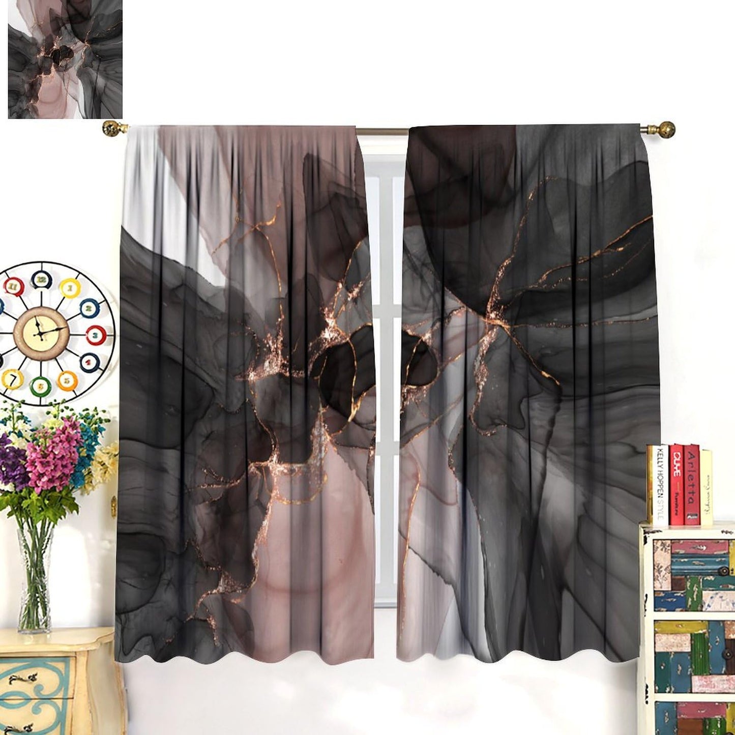 Marble Blackout Curtains Abstract Marble Modern Luxury Black Pink Gold Liquid Art Print for Girls Women Bedroom Living Room Decor Rod Pocket Window Drape 42x45in