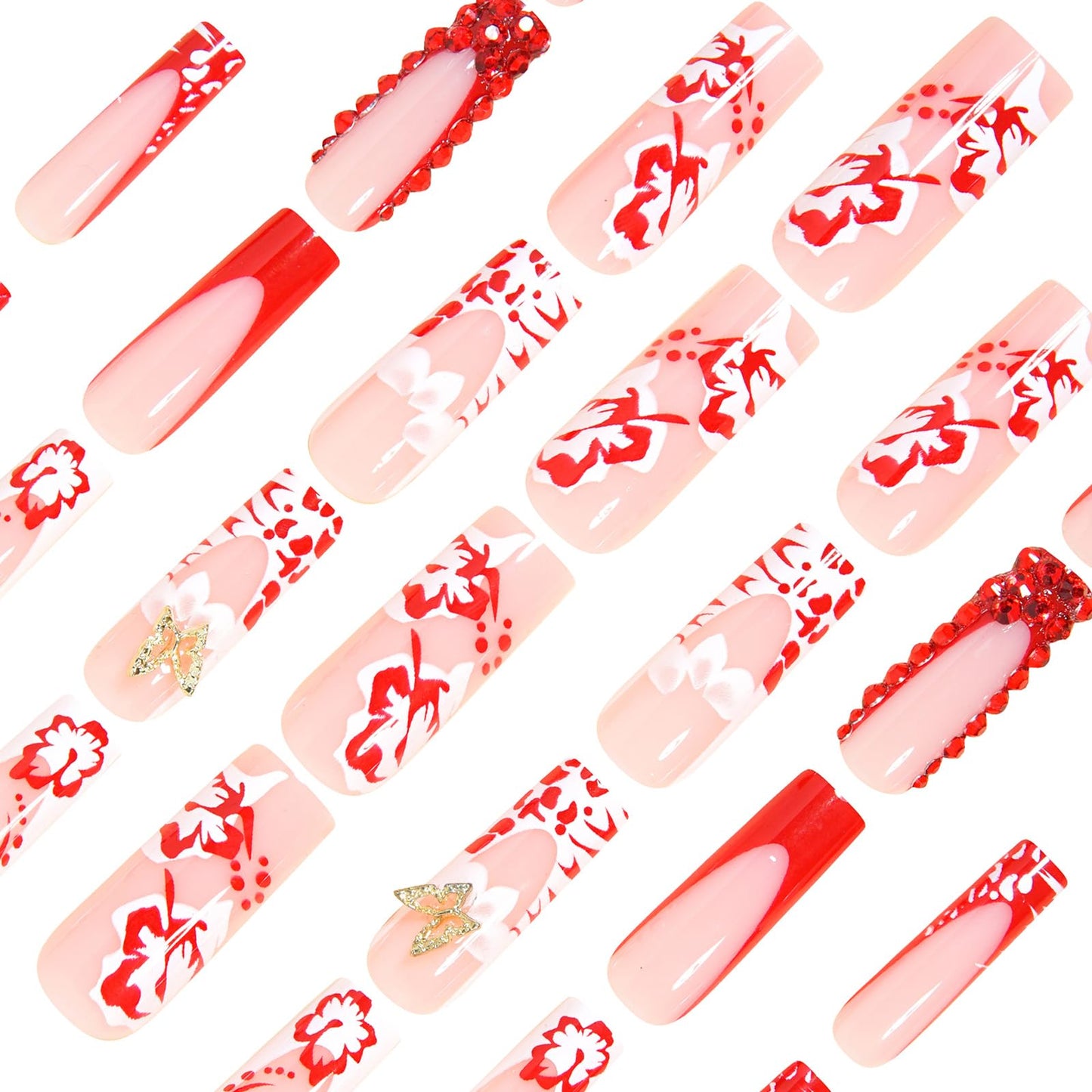 MISUD Press on Nails - Long Square Fake Nails with Red White French Tip, Acrylic Flower Butterfly Rhinestone Design 24 pcs