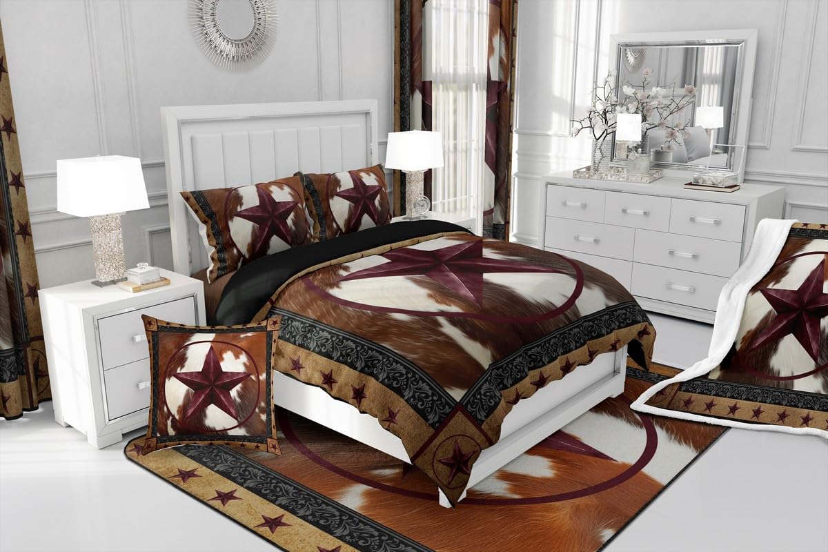 jejeloiu Western Texas Star Comforter Set Queen Size Cowhide Bedding Set for Kids Boys Girls Farmhouse Rustic Duvet Quilt Cow Fur Print Bedroom Decor Microfiber 3 Pcs with 2 Pillow Cases