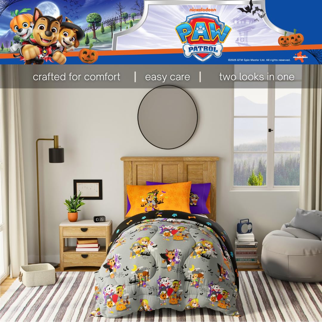 Paw Patrol Kids Halloween Bedding 5 Piece Super Soft Cozy Reversible Comforter and Sheet Set with Sham, Twin, (Officially Licensed Product) By Franco