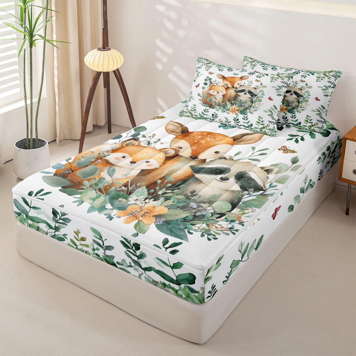 Erosebridal Cartoon Animals Zippable Comforter Fox Raccoon Wildlife Twin Bedding Green Leaves Botanical Zipper Bed Set with Sheets Cute Jungle Wild Animal Bed in a Bag Bedroom Decor
