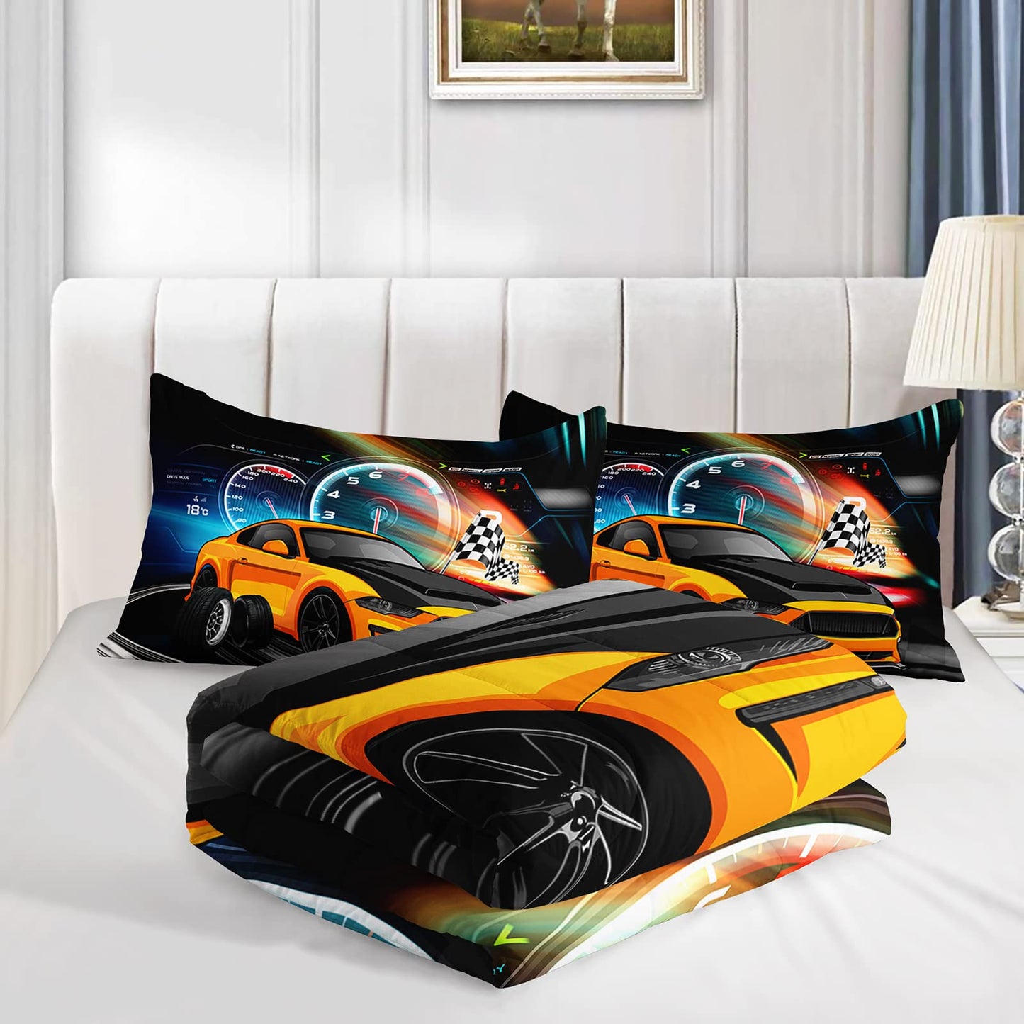 Axolotl Race Car Bedding Set Twin Size, Boys Extreme Sports Comforter Set for Kids Boys Car Racing Gifts, Yellow Cool Comforter Sports Quilt Set 1 Quilt with 2 Pillowcase