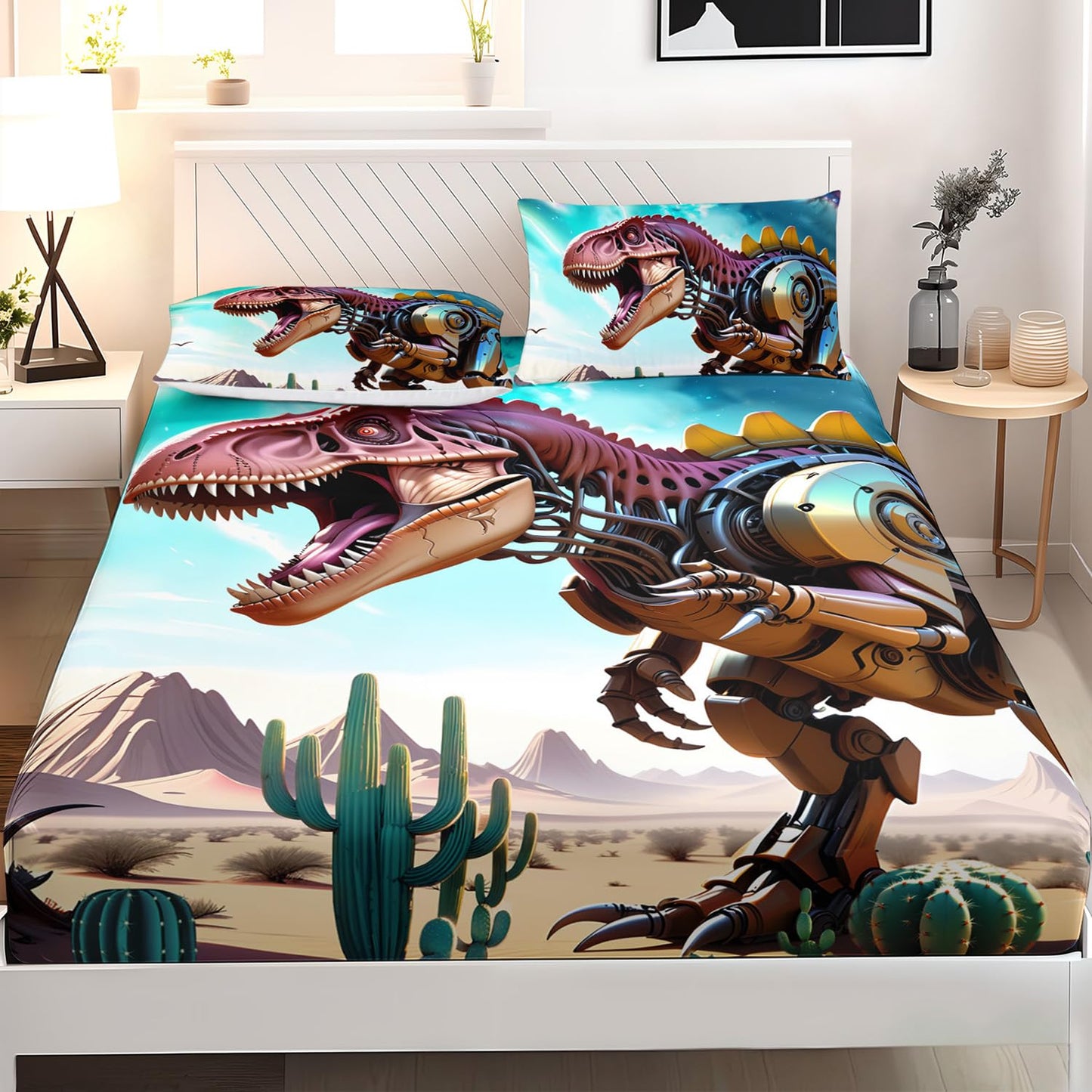 AILONEN 3D Dinosaur Fitted Sheet Set Twin XL Size,Roaring Dinosaur Bed Sheet Set for Boys Kids,3 Pieces Desert Metal Dinosaur Printed Fitted Sheet with 2 Pillowcases
