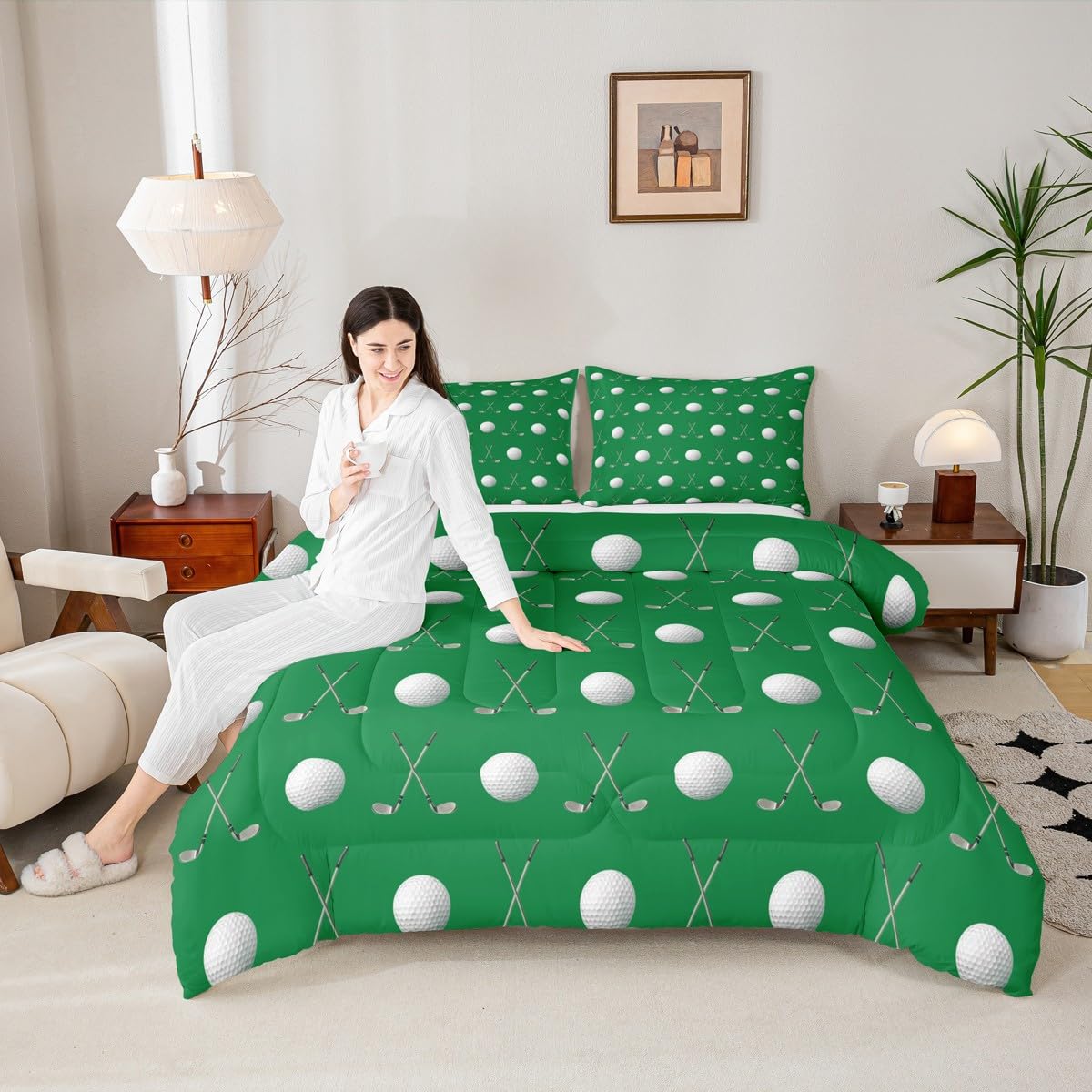 Homewish Golf Ball Comforter Set,Golf Sports Game Bedding Set for Kids Girls Women,Adults Green White Comforter,Ball Sports Quilted Duvet Set Bedroom Collection Twin Size 2Pcs