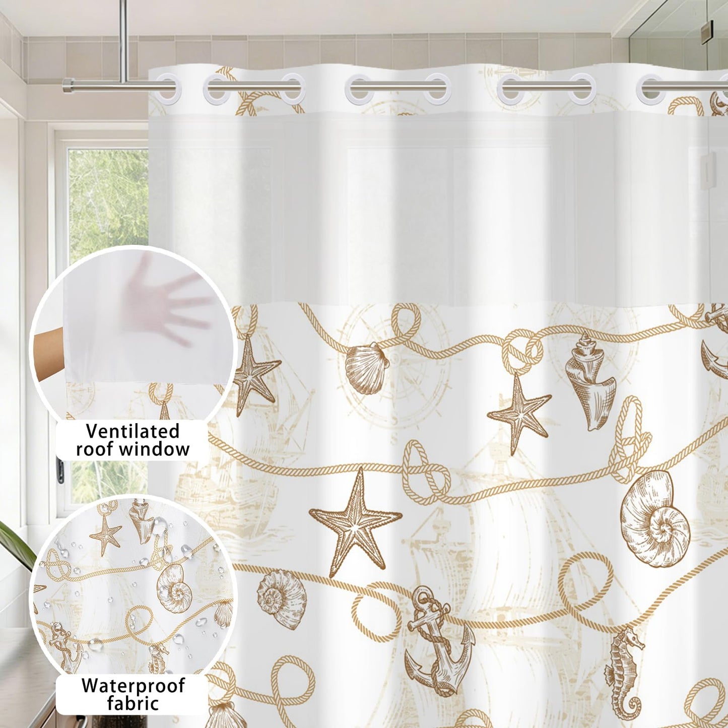 Xiazhilaio No Hook Ocean Shower Curtain with Snap in Liner 71W x 74H