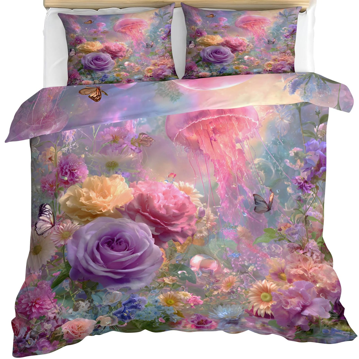 ZAOMIR Girls Floral Jellyfish Duvet Cover Set King for Women, Ocean Jellyfish Flower Garden Butterfly Bedding Set 3Pcs, Fantasy Style Pastel Pink Purple Comforter Cover with 2 Pillowcases