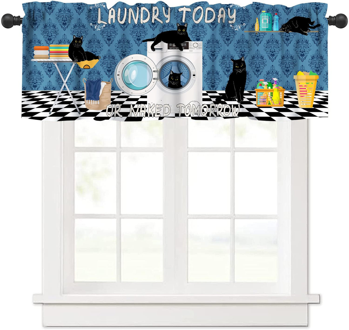 AAVEUP Laundry Room Valance Curtain Blue Abstract Rustic Plaid Black Cat Clean Clothes Drying Washing Machine Window Treatment for Bathroom Kitchen 54 x 18 in