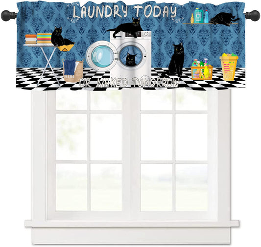 AAVEUP Laundry Room Valance Curtain Blue Abstract Rustic Plaid Black Cat Clean Clothes Drying Washing Machine Window Treatment for Bathroom Kitchen 54 x 18 in