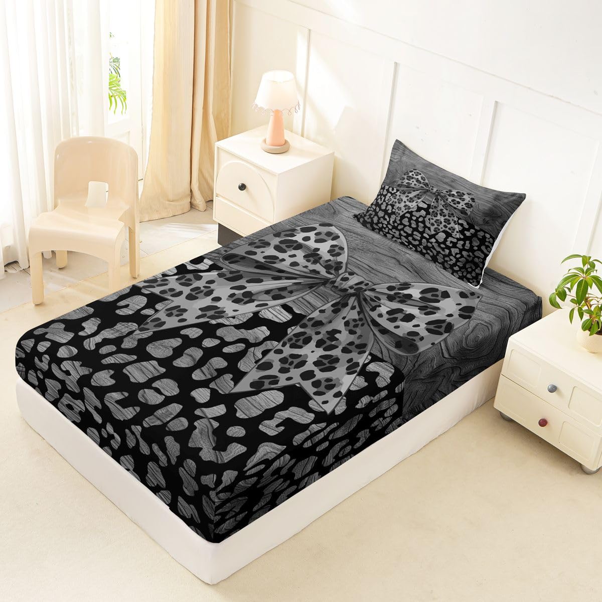 jejeloiu Black Leopard Bow Fitted Sheet with 1 Pillowcase Twin Size Leopard Print Bowknot Bed Sheets Set 16" Deep Pocket Boys Girls Abstract Bedding Teens Bedroom Decor Breathable