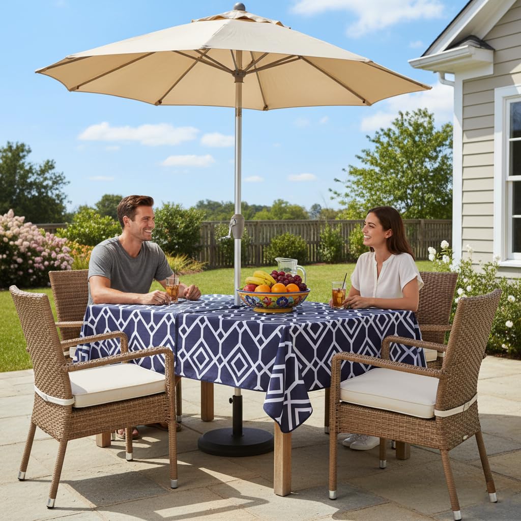 LUSHVIDA Moroccan Outdoor Tablecloth with Umbrella Hole and Zipper, 60 x 84 Inch Navy, Rectangle Waterproof Wrinkle Free Table Cloth Decorative Fabric Washable Table Cover for Patio, Party, Picnic