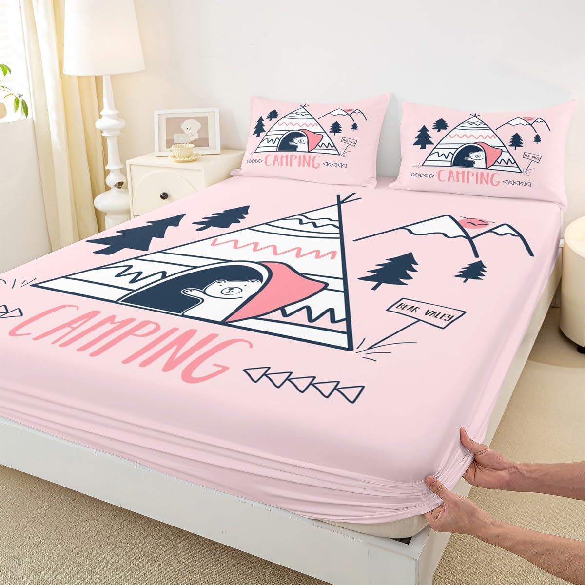 Happy Camping Campers Fitted Sheet Full, Tent Pines Bear Sketch Bedding Set, Happy Outdoors Natural Bed Cover 3 Pcs for Kids Teens Adults Room Decor,Rustic Pink Bed Sheet Set with 2 Pillowcases