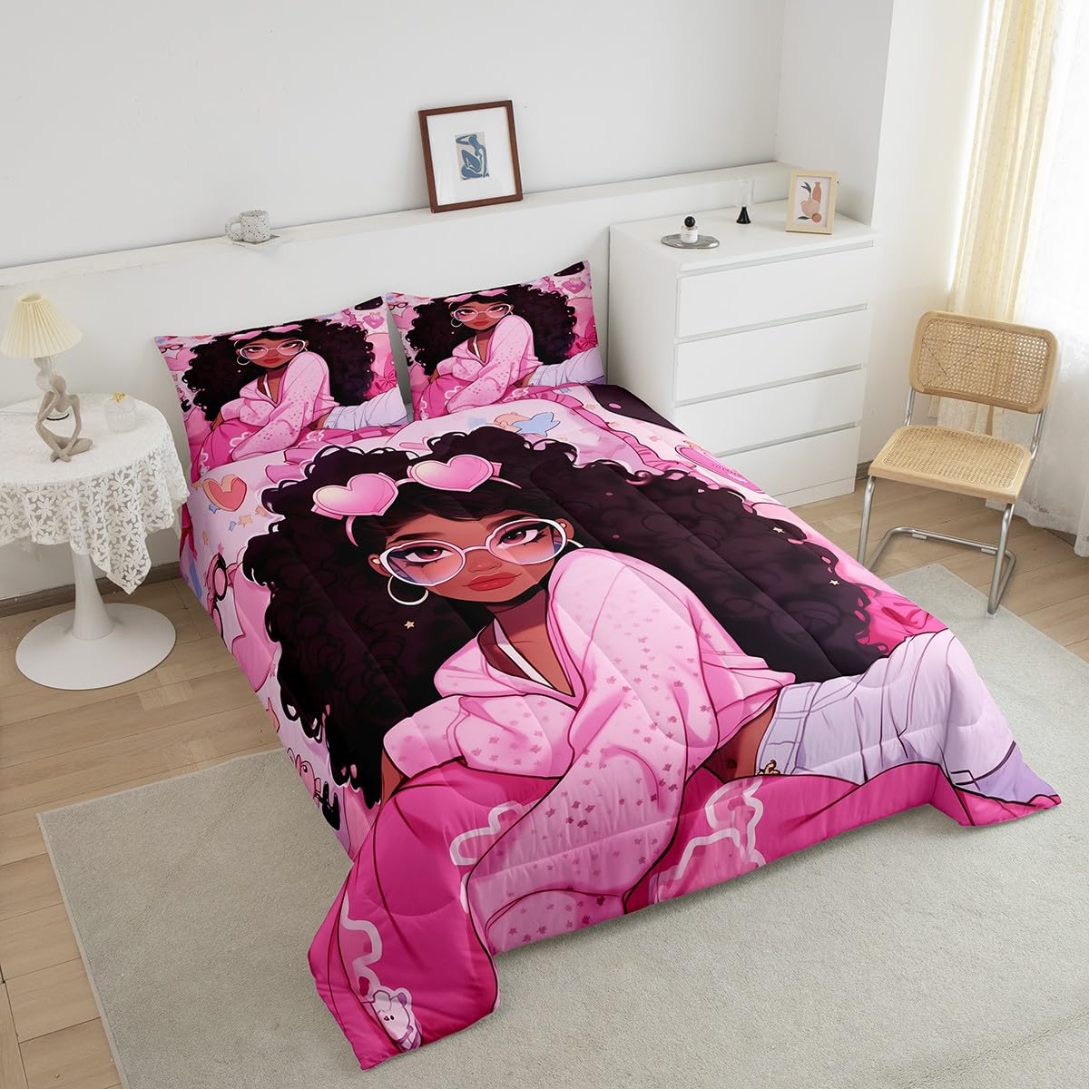Black Princess Girly Kids Comforter Set Full Size,Cartoon Love Heart Print Bedding Set,Girls Women Room Decor,African American Little Girls Down Comforter,Pink Dreamy Duvet Insert,2 Pillowcases
