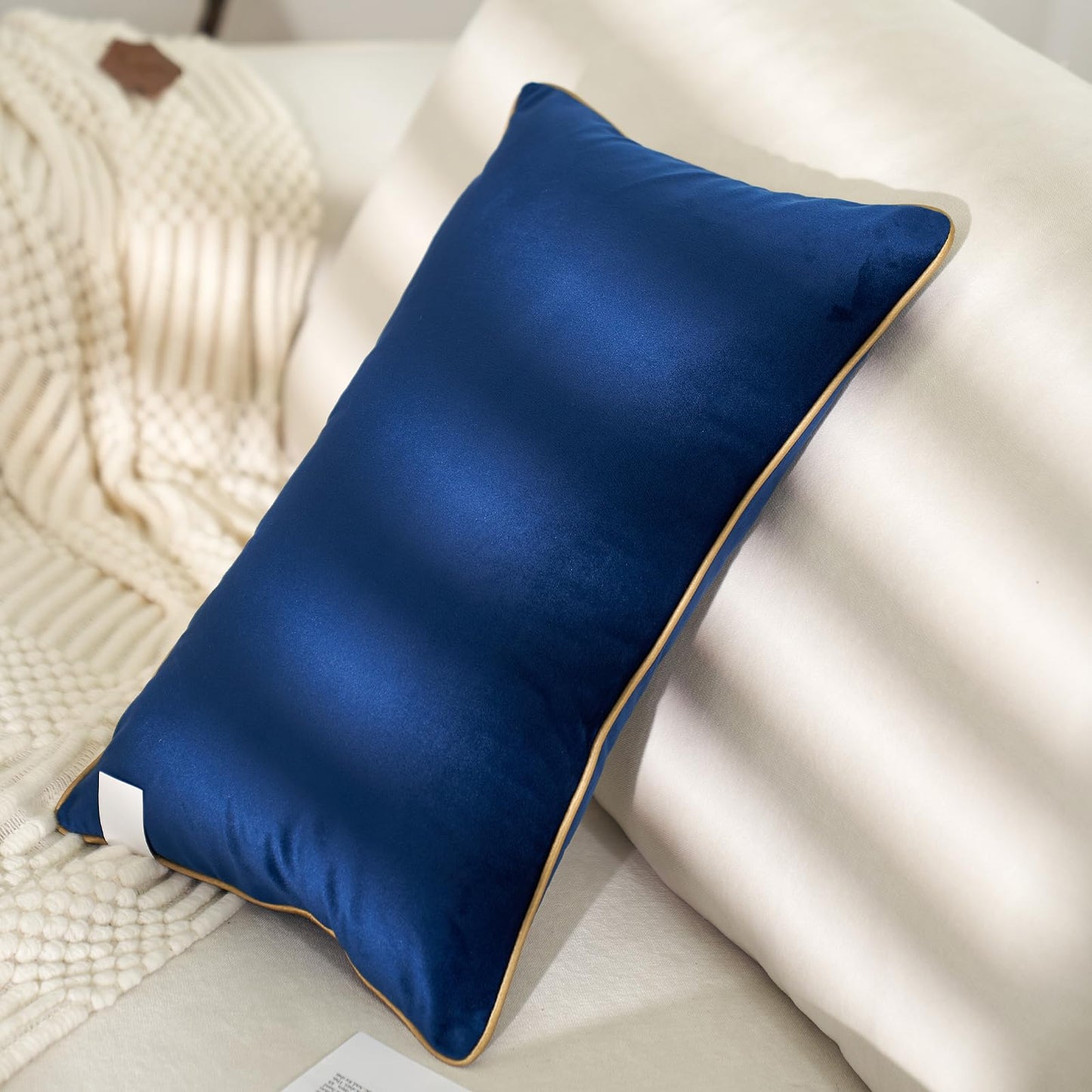 Aeckself Pack of 2 Luxury Velvet Navy Blue Lumbar Pillow Covers 12 x 20 Inch, Modern Decorative Pillowcase with Gold Trim Edge, Comfortable Soft Solid Cushion Case for Couch Bedroom Living Room