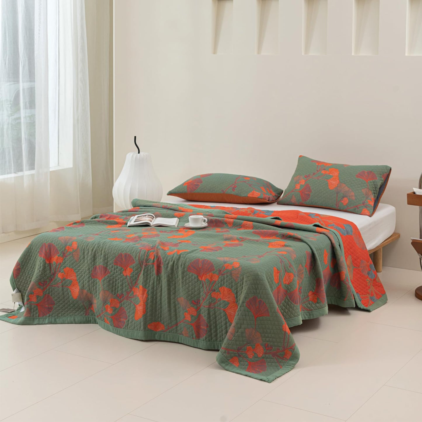 Purefair 100% Cotton Muslin Blanket Jacquard Green Orange Floral Ginkgo Leaves Quilt, Soft Bed Cover Lightweight Breathable Gauzy Reversible Bedspread Coverlet Full/Queen(78"x94"), No Pillow Sham