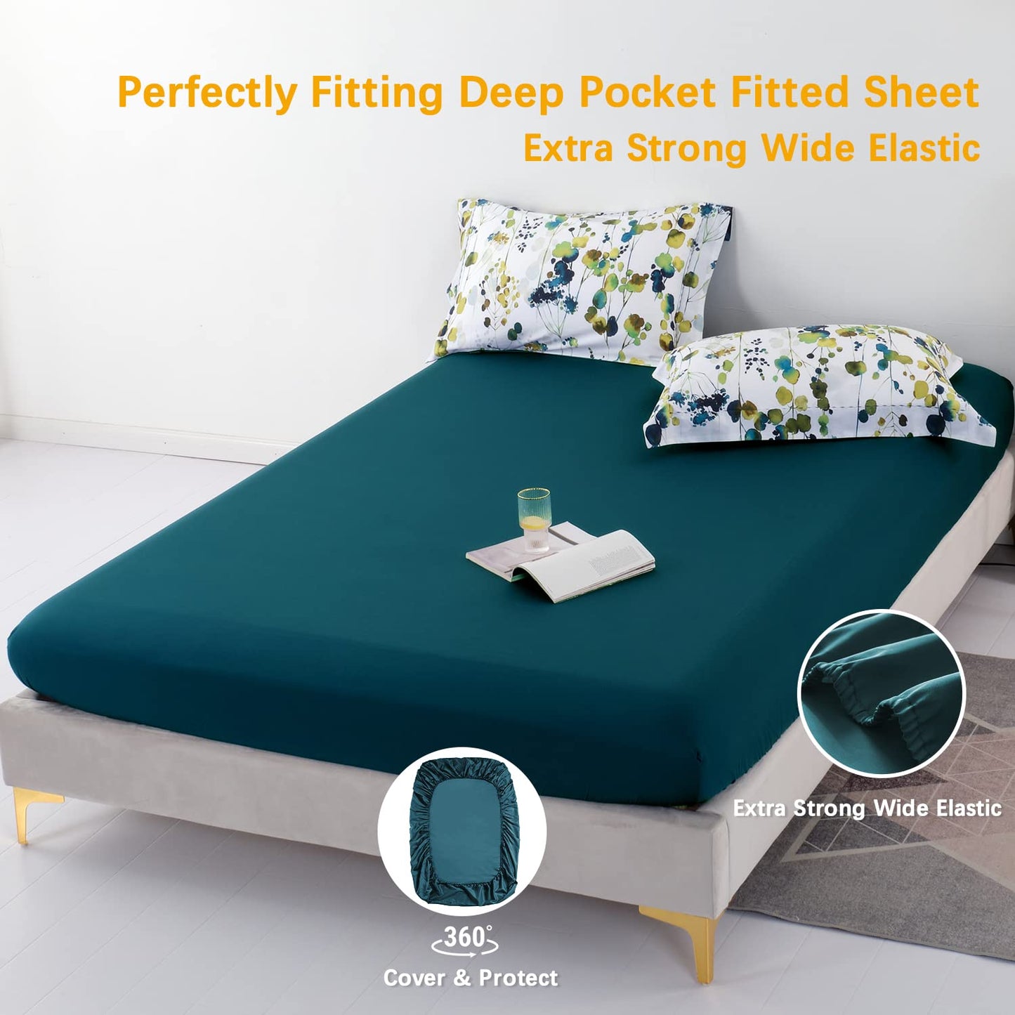 MILDLY Deep Pocket Fitted Sheet Only Queen Size 60"x80" 100% Long Staple Cotton Dark Teal Breathable Bottom Sheet Fits Up to 14" Deep Mattress