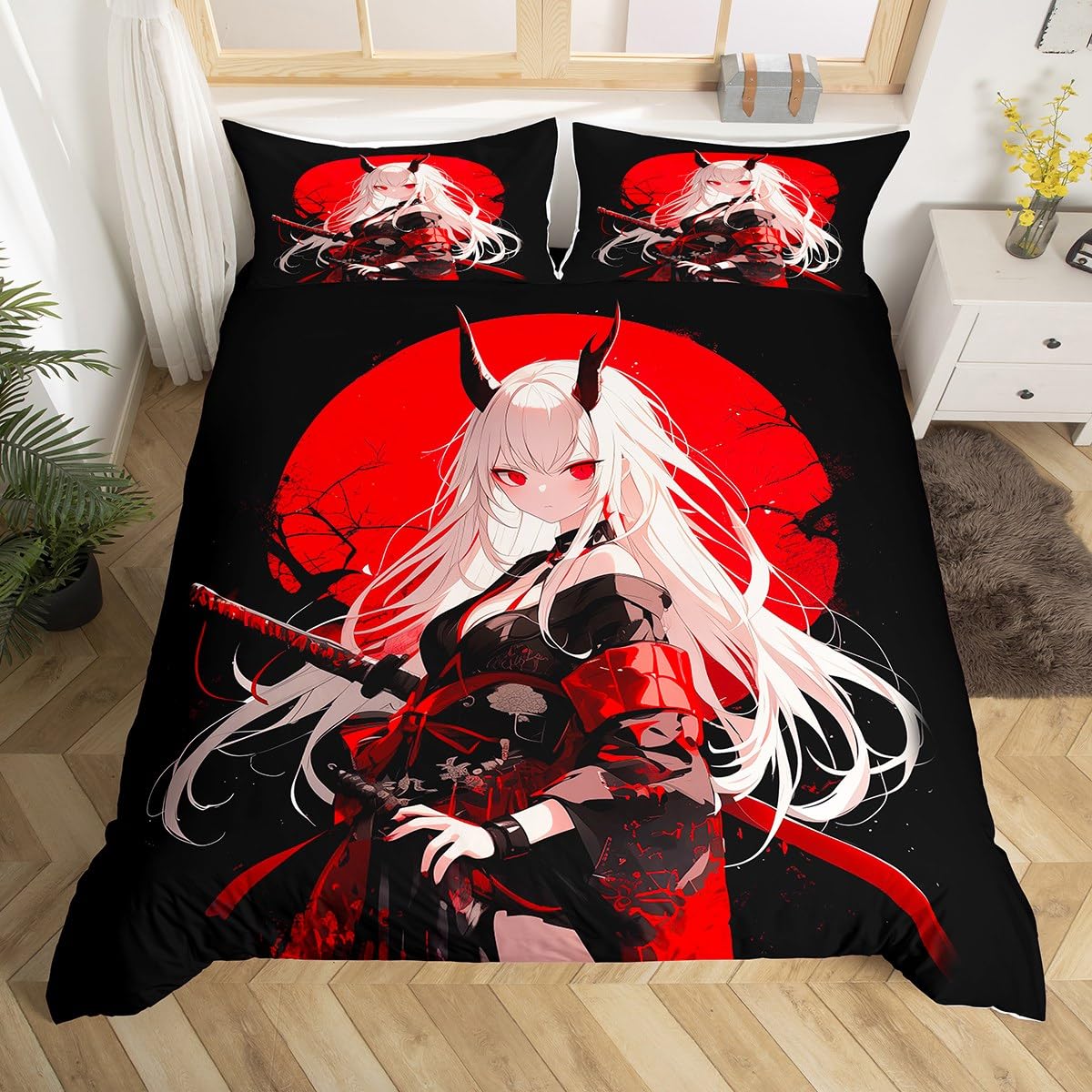 Erosebridal Full Japanese Anime Comforter Cover for Kids, Anime Girl Duvet Cover Kawaii Japanese Style Bedding Set Cartoon Japan Animation Bed Set for Boys Teen Adult Women Bedroom,Red Black