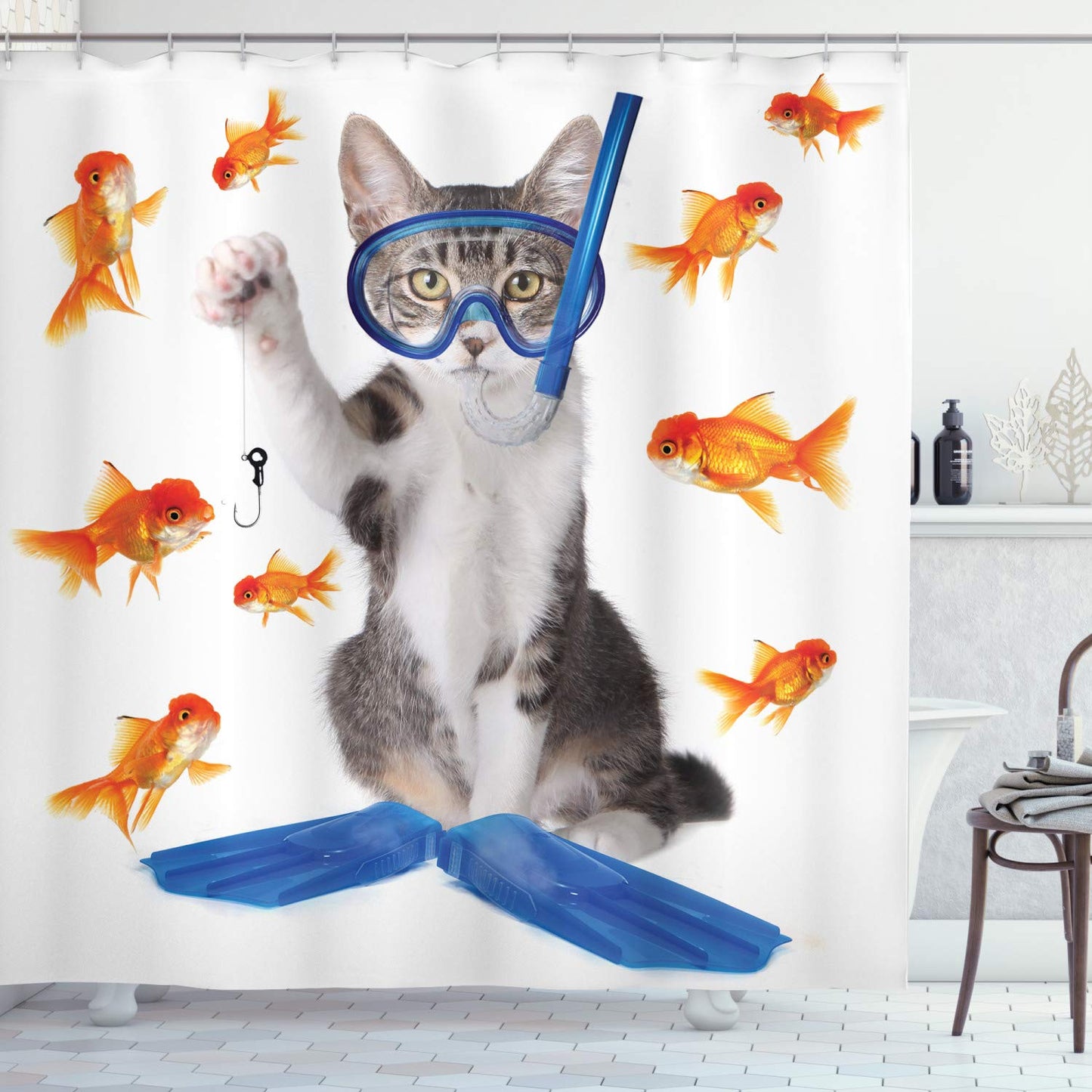 Ambesonne Cat Shower Curtain, Modern Spin on The Term Fishing Curiosity Goldfish Hunting Humorous Art, Cloth Fabric Bathroom Decor Set with Hooks, 69" W x 70" L, Blue Orange