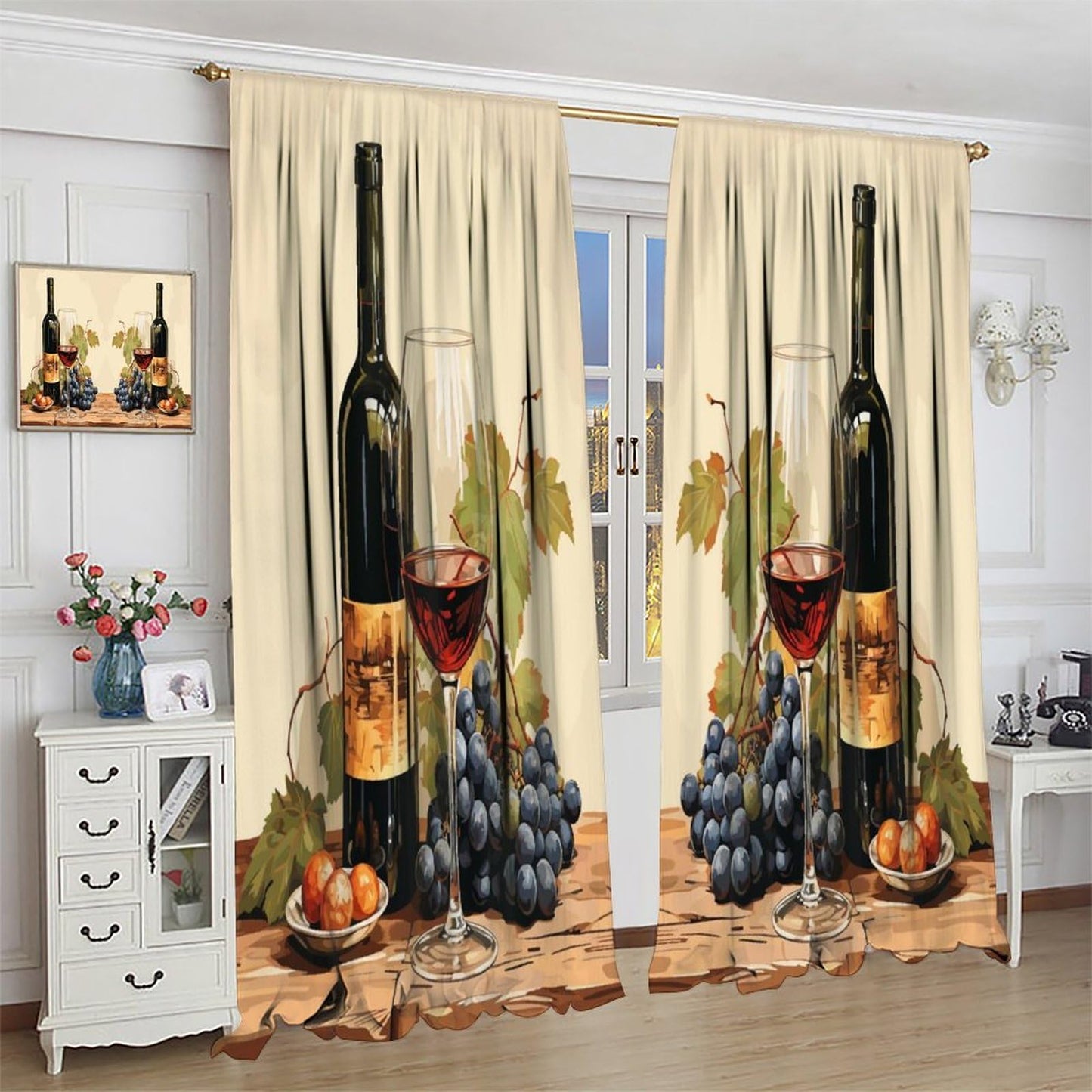 JADERYS Red Wine Kitchen Curtains Bottles Glasses Grapes Retro Abstract Bedroom Living Room Blackout Rod Pocket Decoration Window Drapes 2 Panels W21xL45in