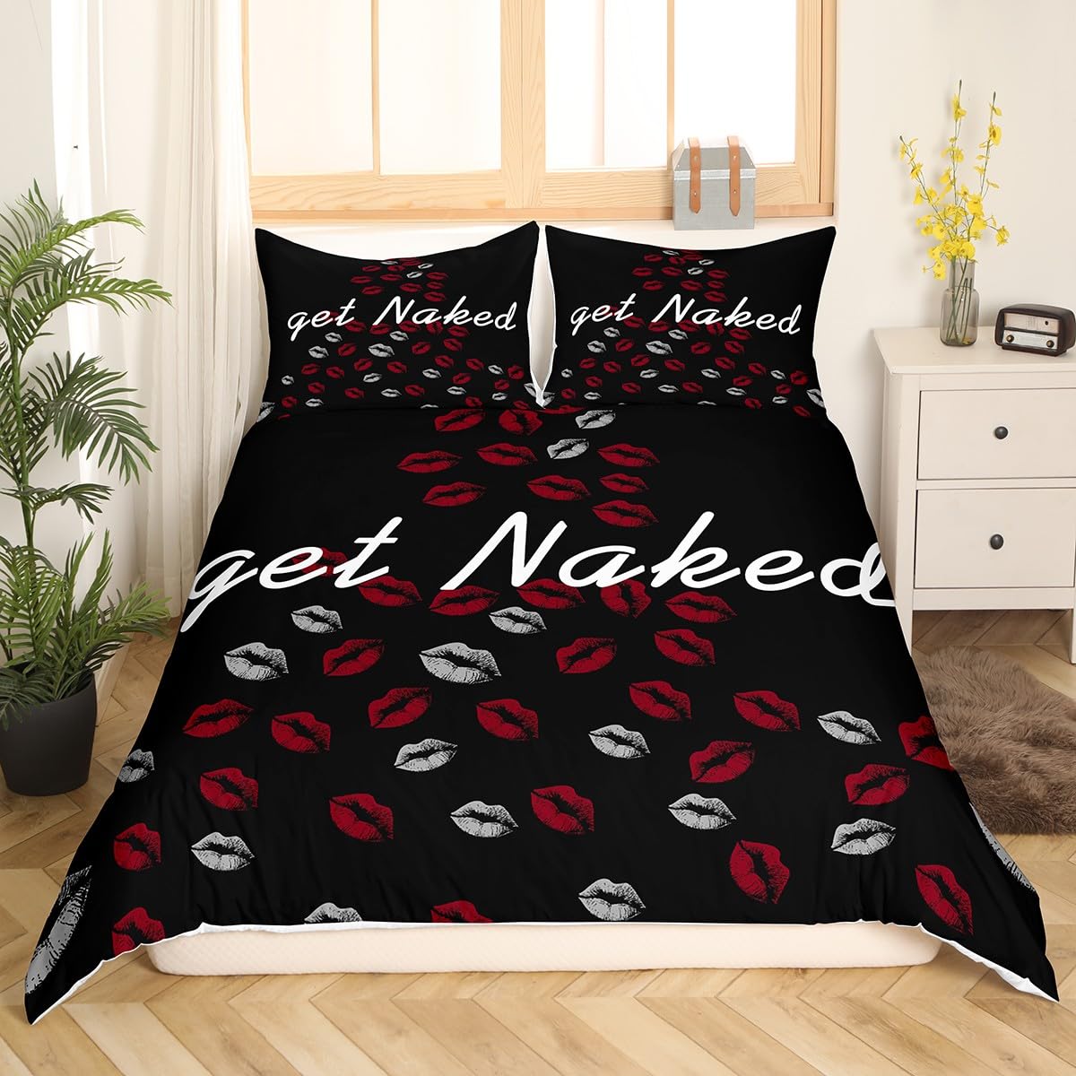 Feelyou Get Naked Duvet Cover Sexy Red Lips Bedding Set for Men Women Couple Lover Funny Quotes Kiss Comforter Cover Ultra Soft Decor Black and White Bedspread King Size Zipper (No Comforter)