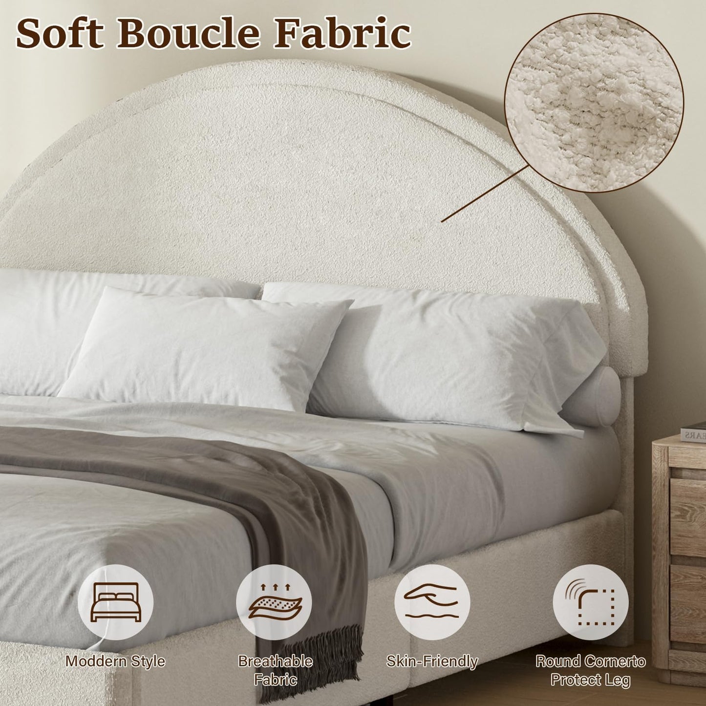 REVOMINCA Full Size Bed Frame with Round Headboard, Upholstered Platform Bed Frame, Boucle Soft Bed Frame, Modern Style, No Box Spring Required, Easy Assembly, White