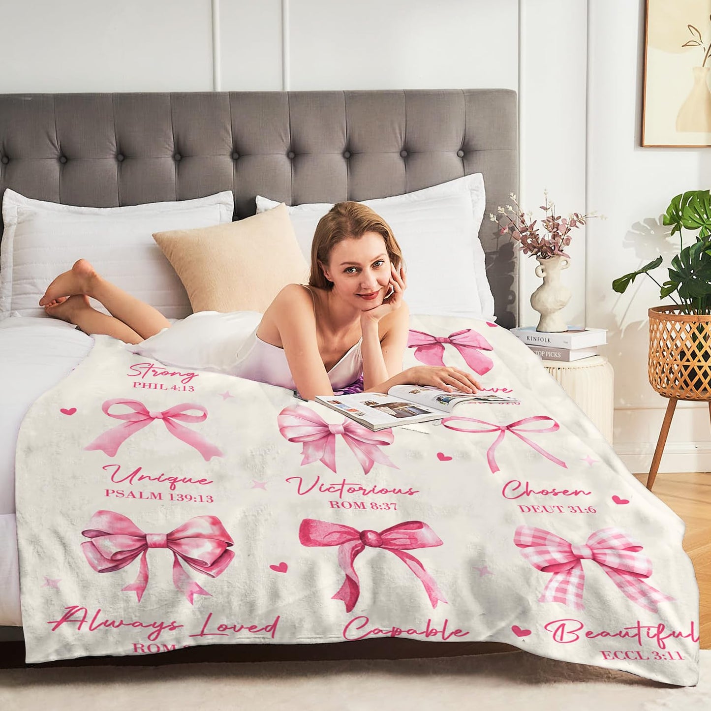 Christian Gifts for Women, God Says I Am Throw Blanket 50"X60", Inspirational Religious Birthday Gifts for Coquette Pink Bow Bible Verse Blanket, Christian Faith Jesus God Prayer Gift for Christmas
