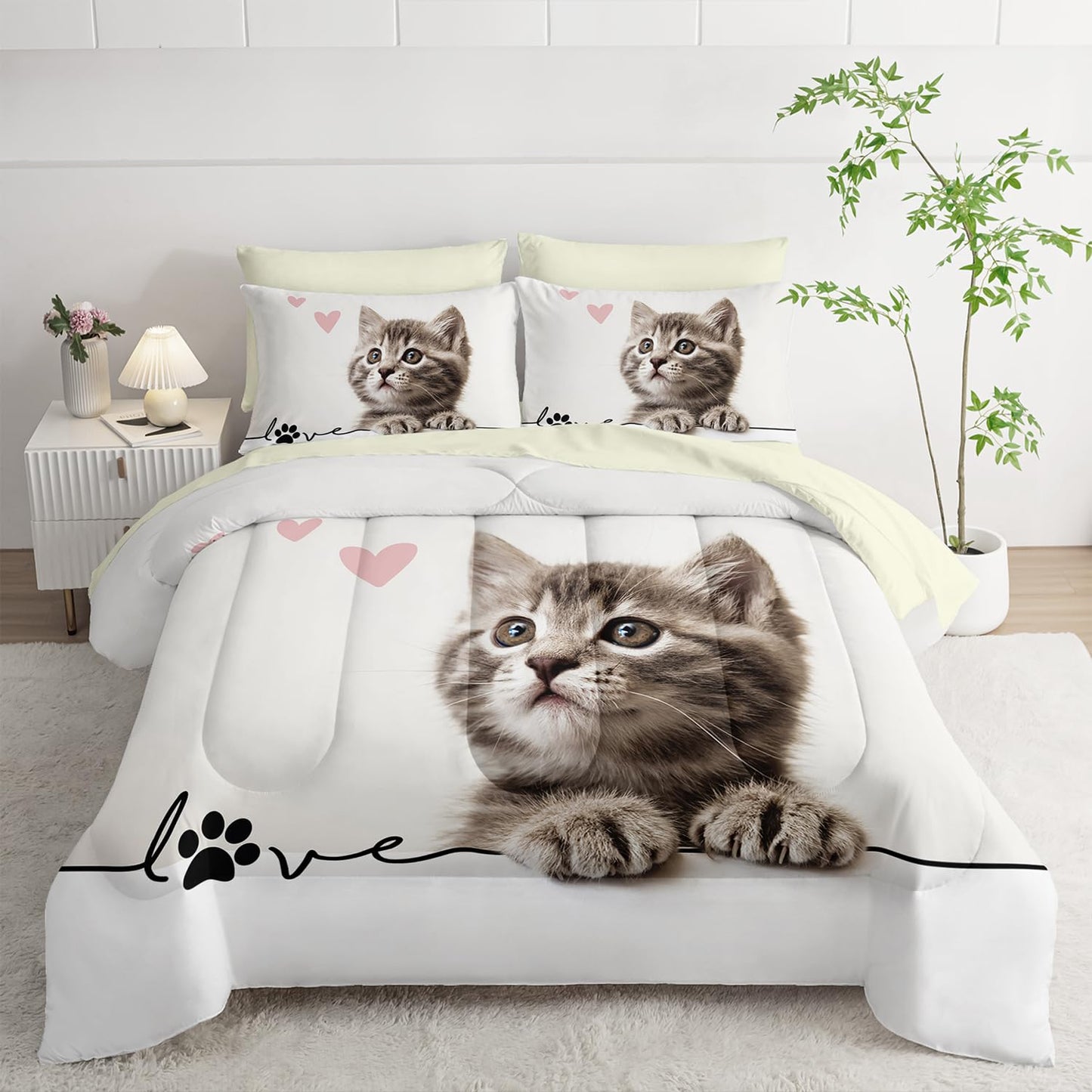 AILONEN 3D Kids Kawaii Cat Comforter Set Twin Size,7-Piece Fuzzy Ball Kitten Bed in a Bag,Cute Pet Cat Lover Comforter & Fitted Sheet with Flat Sheet & 2 Pillowcases,2 Pillow Cases for Bedroom,Soft