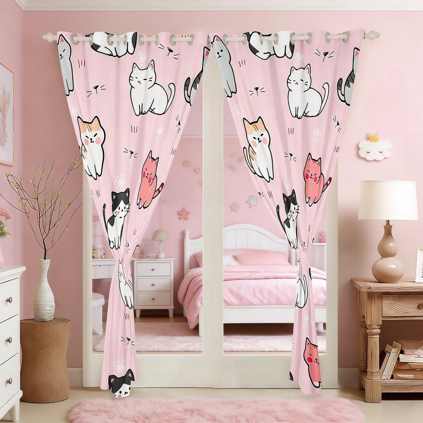 Pink Blackout Cat Curtains - Kawaii Animal Themed, 76Wx54L, Perfect for Kids & Pets, Colorful Kitten Window Treatments