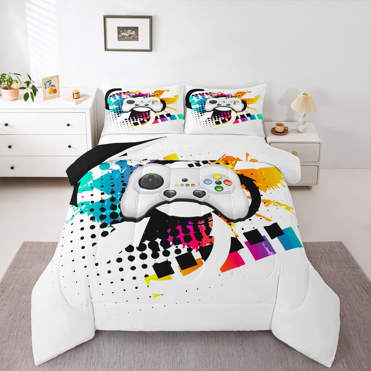 Kids Gaming Comforter Set Queen Gamer Bedding Set, Modern Console Game Controller Duvet Set For Boys Girls Teens, White Gamepad Quilt Set, Tie Dye Colorful Comforter Set Grey White Soft Bedding Set