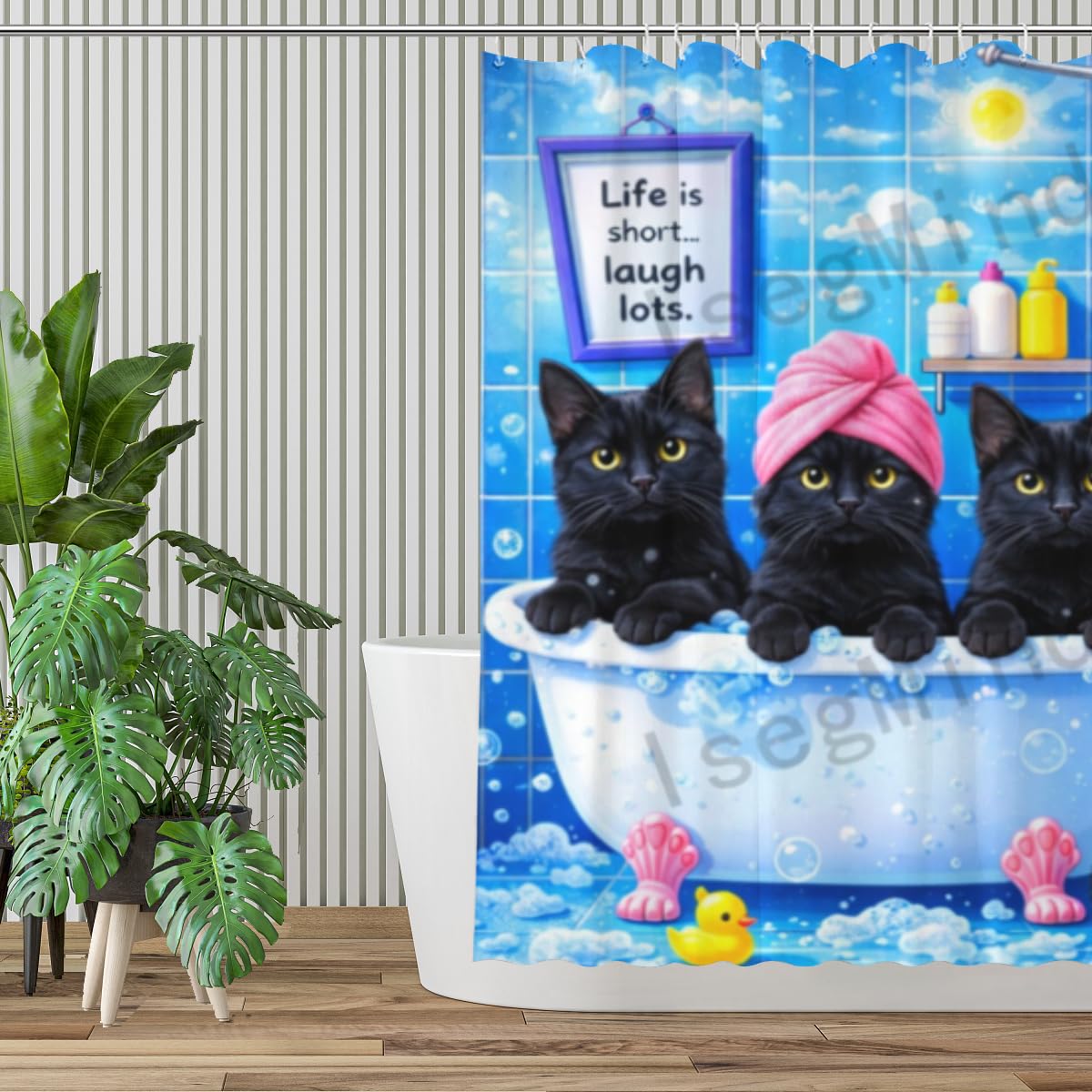 IsegMind Funny Animal Shower Curtain 72x72 Inch, Cute Black Cat Bath Time Scene with Bubbles and Rainbow Bathroom Decor, Playful Cartoon Style Bath Curtain
