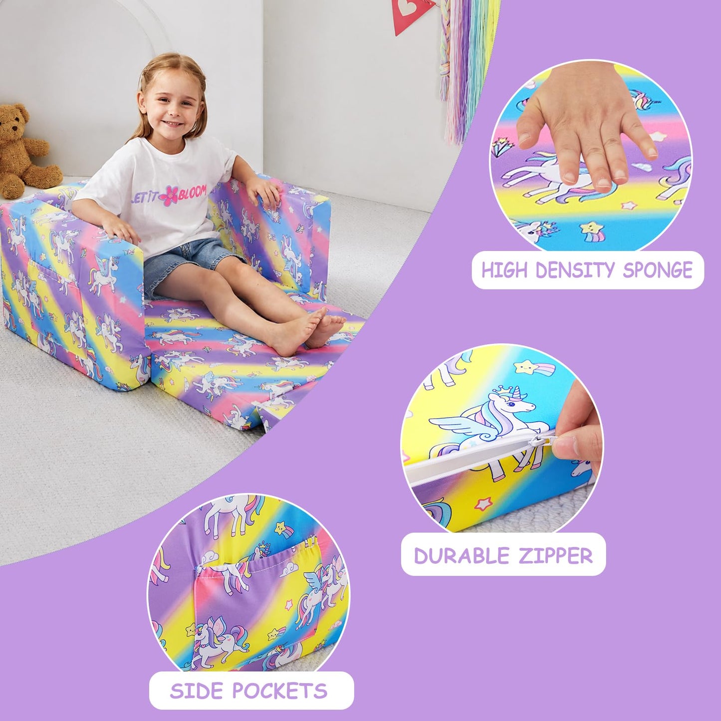 Viviland Toddler Chair, 2-in-1 Kids Couch Bed, Toddler Chairs Comfy 1-3 Years Old Fold Out Convertible Soft to Lounger, Colorful Rainbow Unicorn Baby Couch
