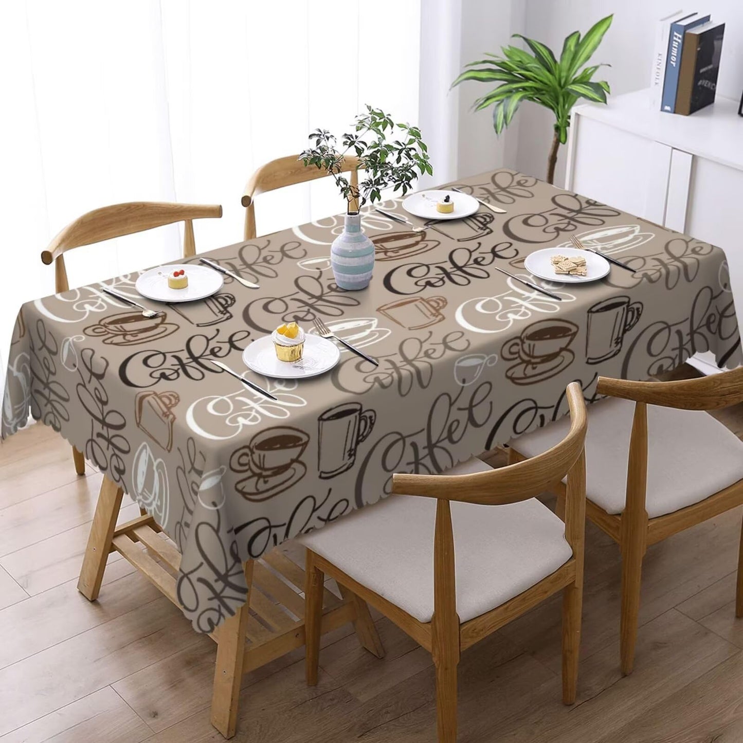 ZEJAYFEY Coffee Themed Rectangle Tablecloth Cute Brown Cup Coffee Beans Table Cloths Classic Farmhouse Style Washable Table Cover for Home Kitchen Dining Party Room Cafe Decor 54 x 72 Inch