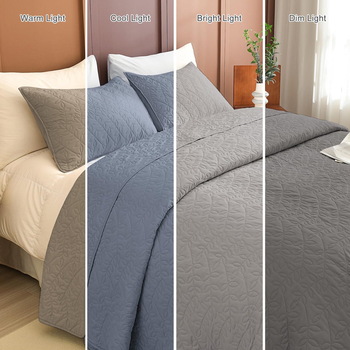 Masaca Oversized King Bedspread 128"x120",Grey Leaf Pattern King Quilt Bedding Set Oversized,3 Pieces Soft Lightweight Gray Extra Large Farmhouse Bedspread & Coverlet Sets