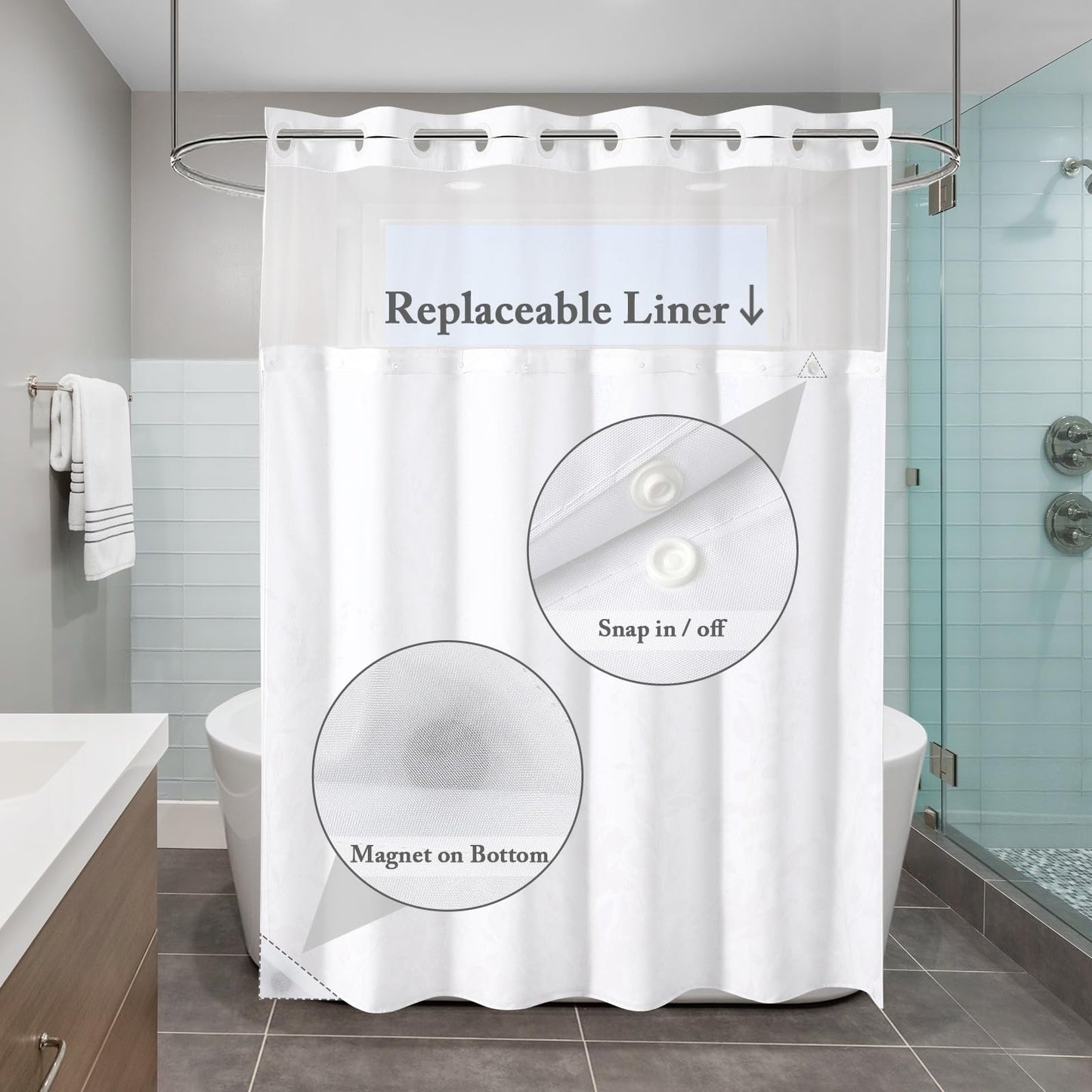 Gibelle No Hook Eucalyptus Shower Curtain with Snap-in Fabric Liner Set, Hotel Style Sage Green Plant Leaves Double Shower Curtain with See Through Top Window, Waterproof & Washable, 72x74
