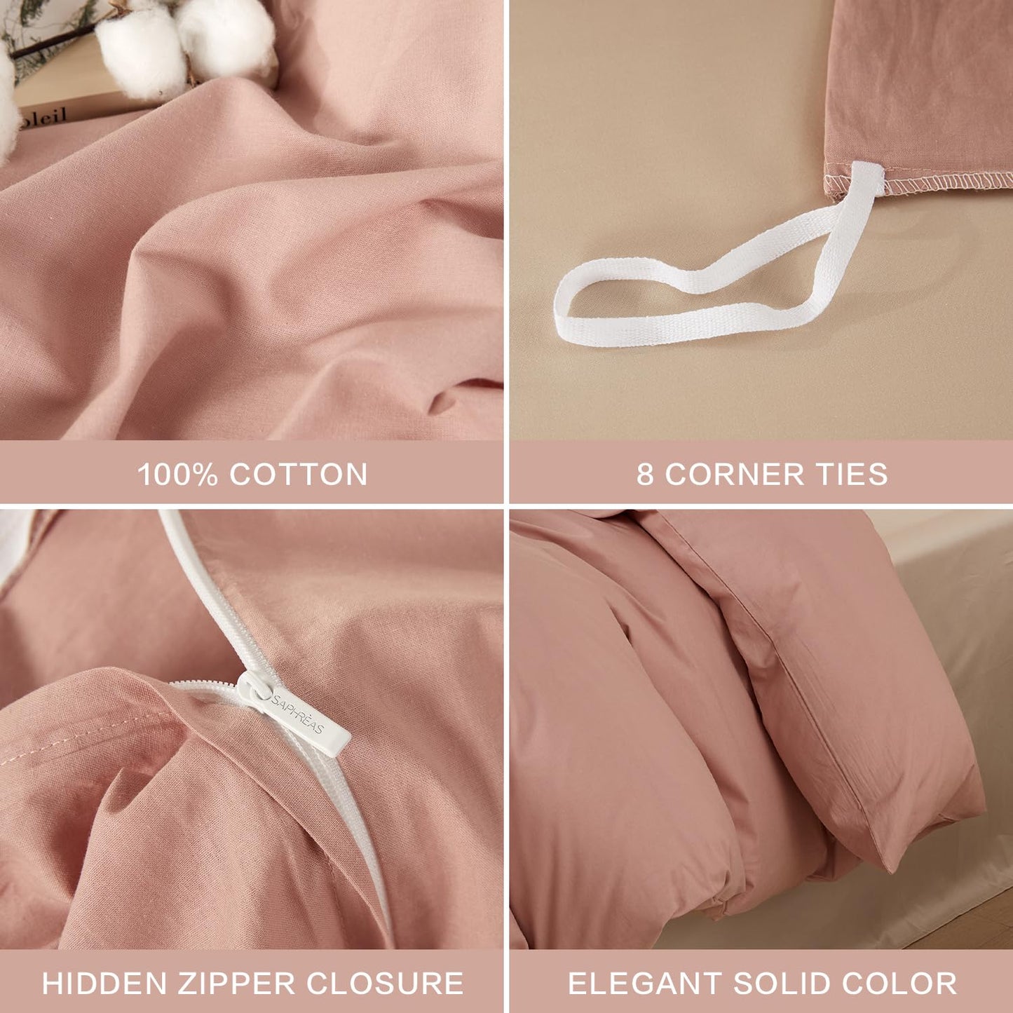 SAPHREAS 100% Washed Cotton Duvet Cover Full Size Set, Linen Like Comforter Cover with Zipper Closure & Corner Ties (No Comforter), 80x90 Dusty Rose